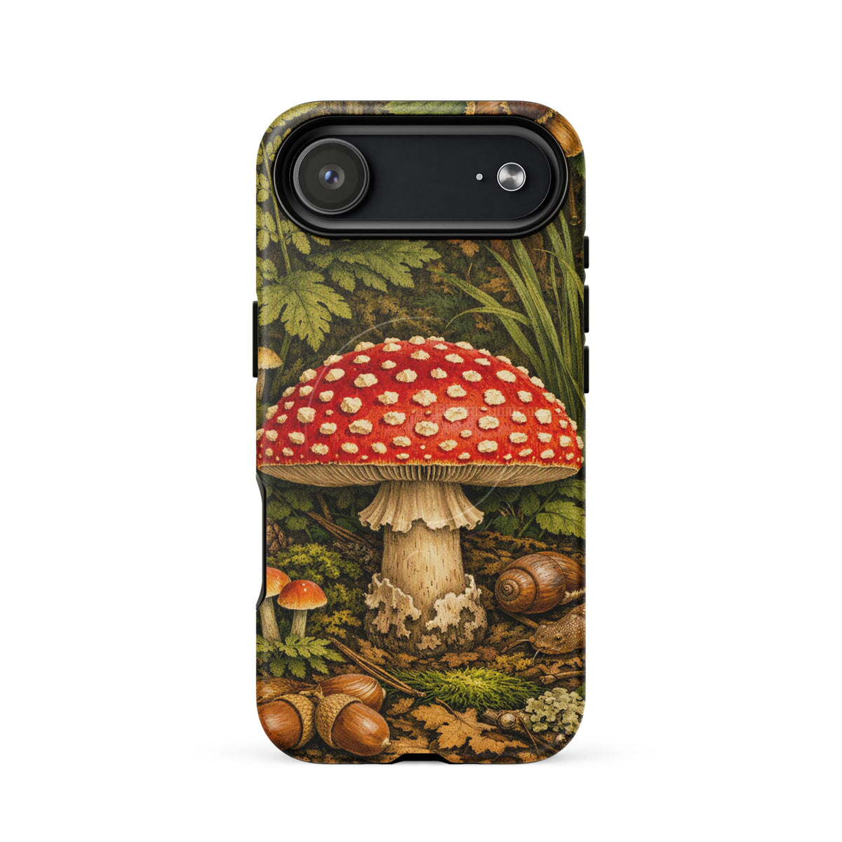 Magnetic Phone Case for iPhone featuring Amanita muscaria mushroom design in a forest setting.