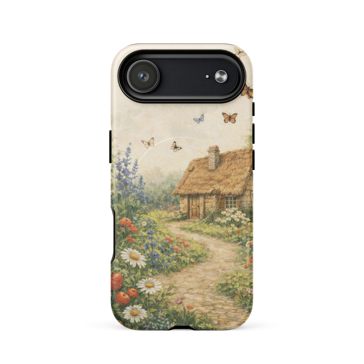Magnetic Phone Case for iPhone with a cozy cottage and lively garden art design.