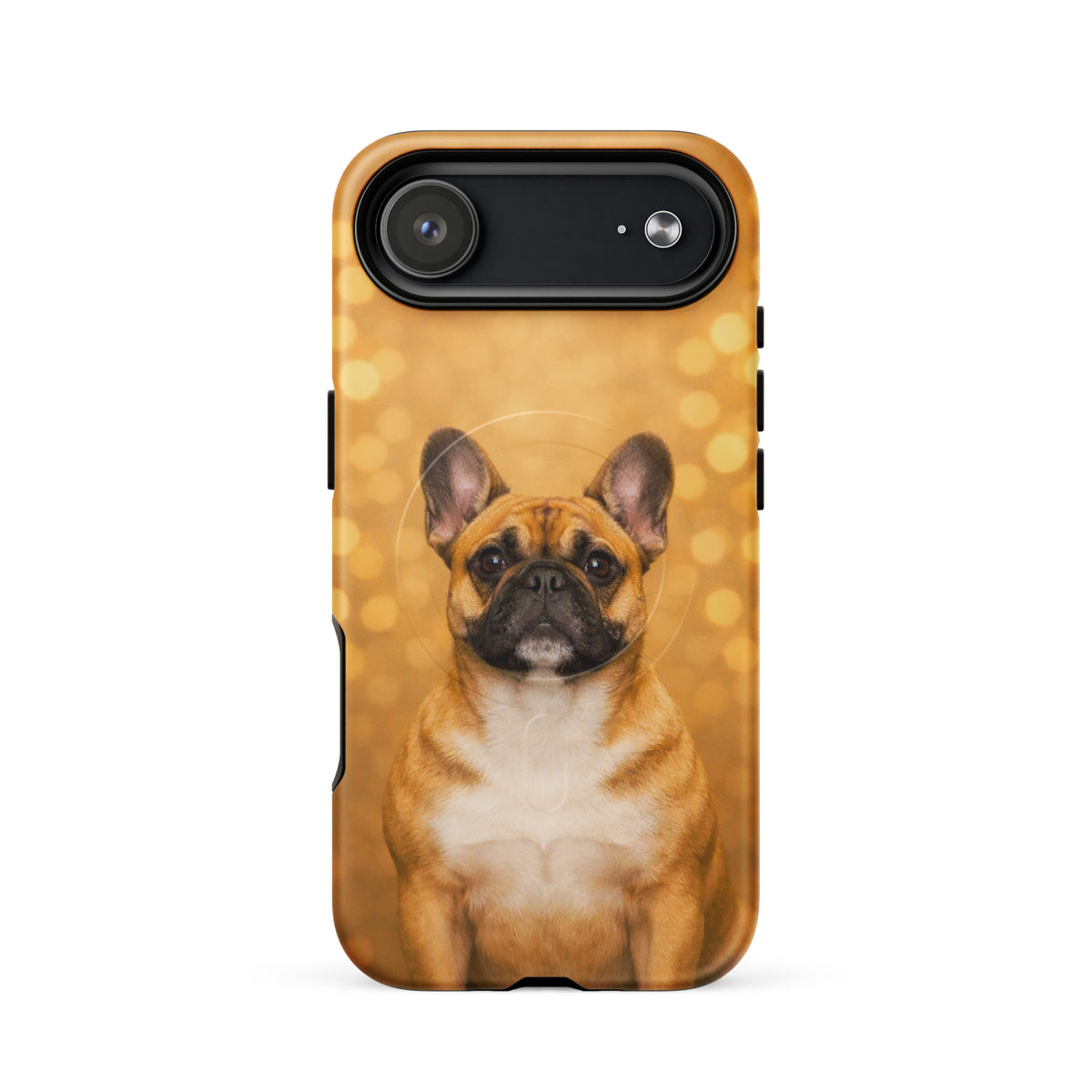 Magnetic Phone Case for iPhone featuring a French Bulldog portrait with golden bokeh background for charm and style.
