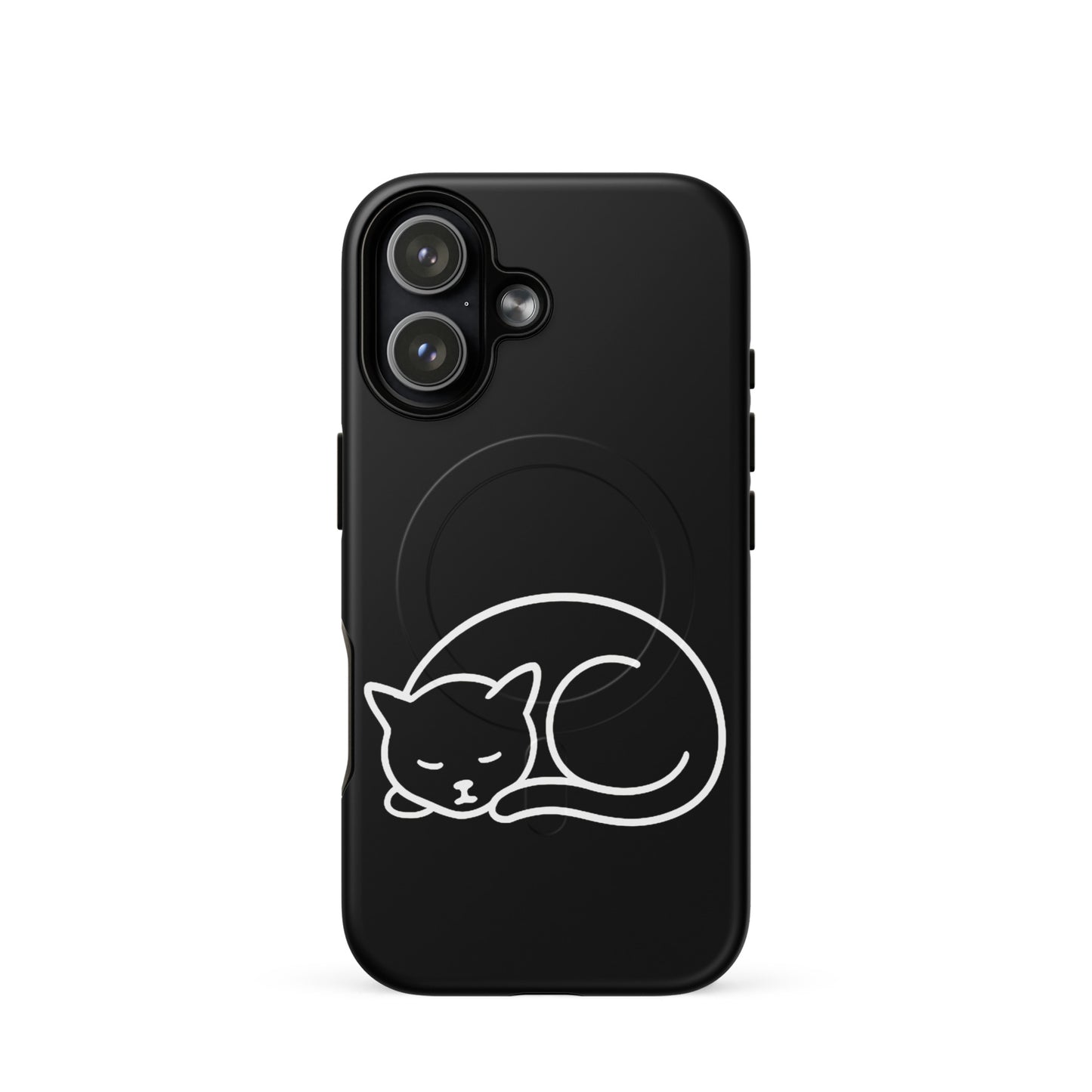 Magnetic Phone Case for iPhone featuring a minimalist curled-up cat design in black and white.