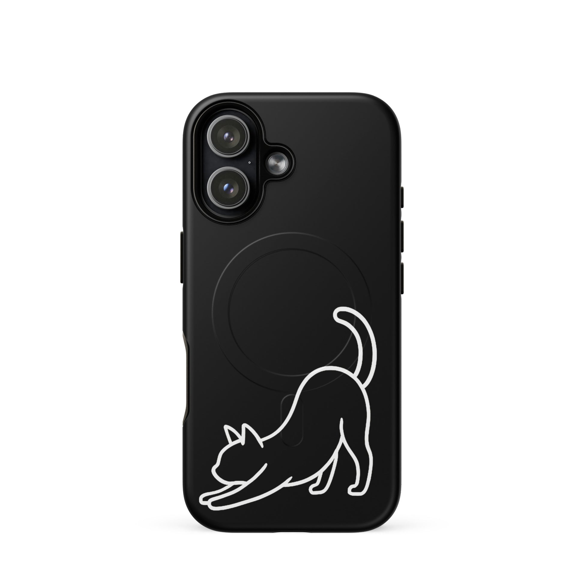Magnetic Phone Case for iPhone featuring minimalist cat design in a stylish stretch pose.