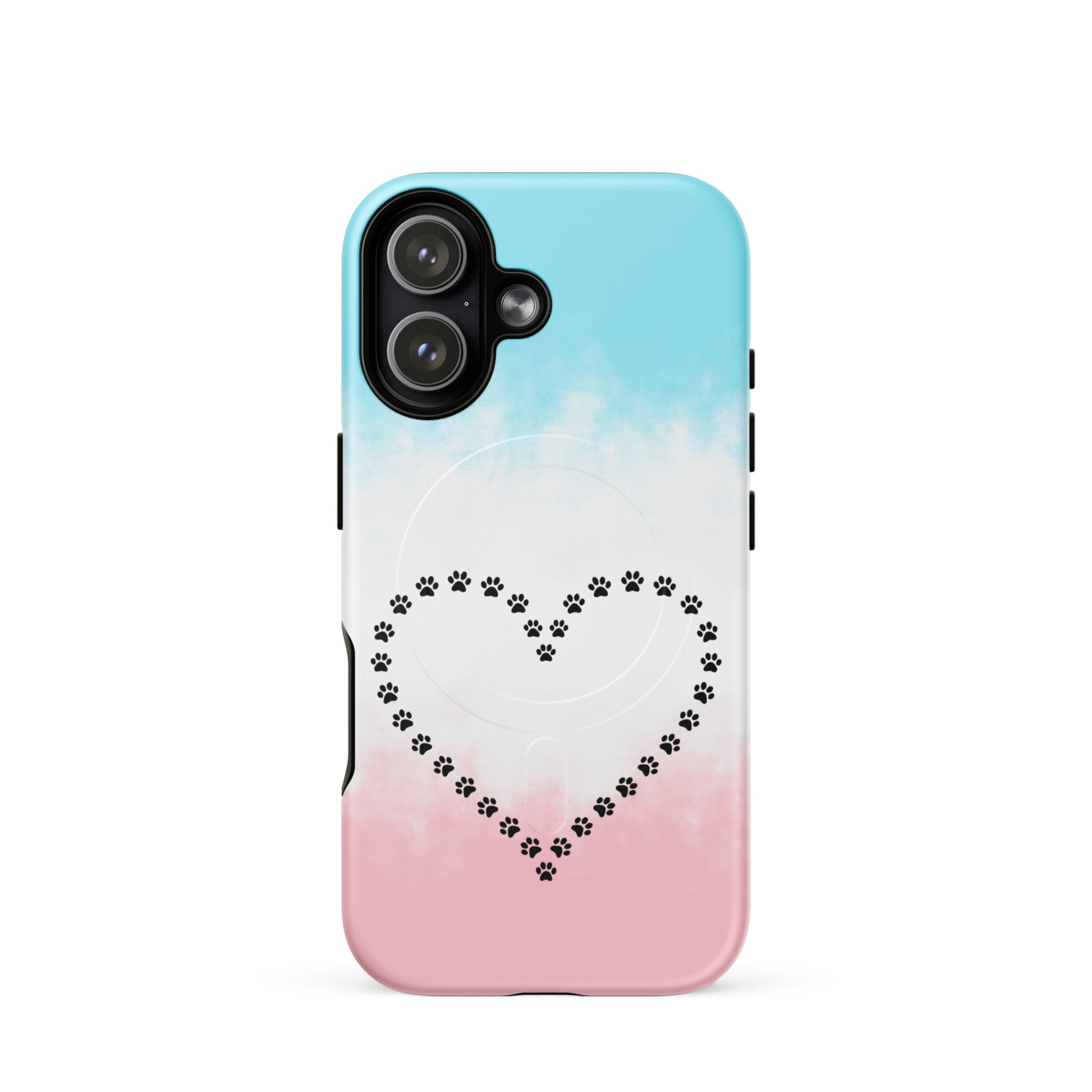 Magnetic Phone Case for iPhone: Paw Print Heart Design for Pet Lovers with colorful gradient background.