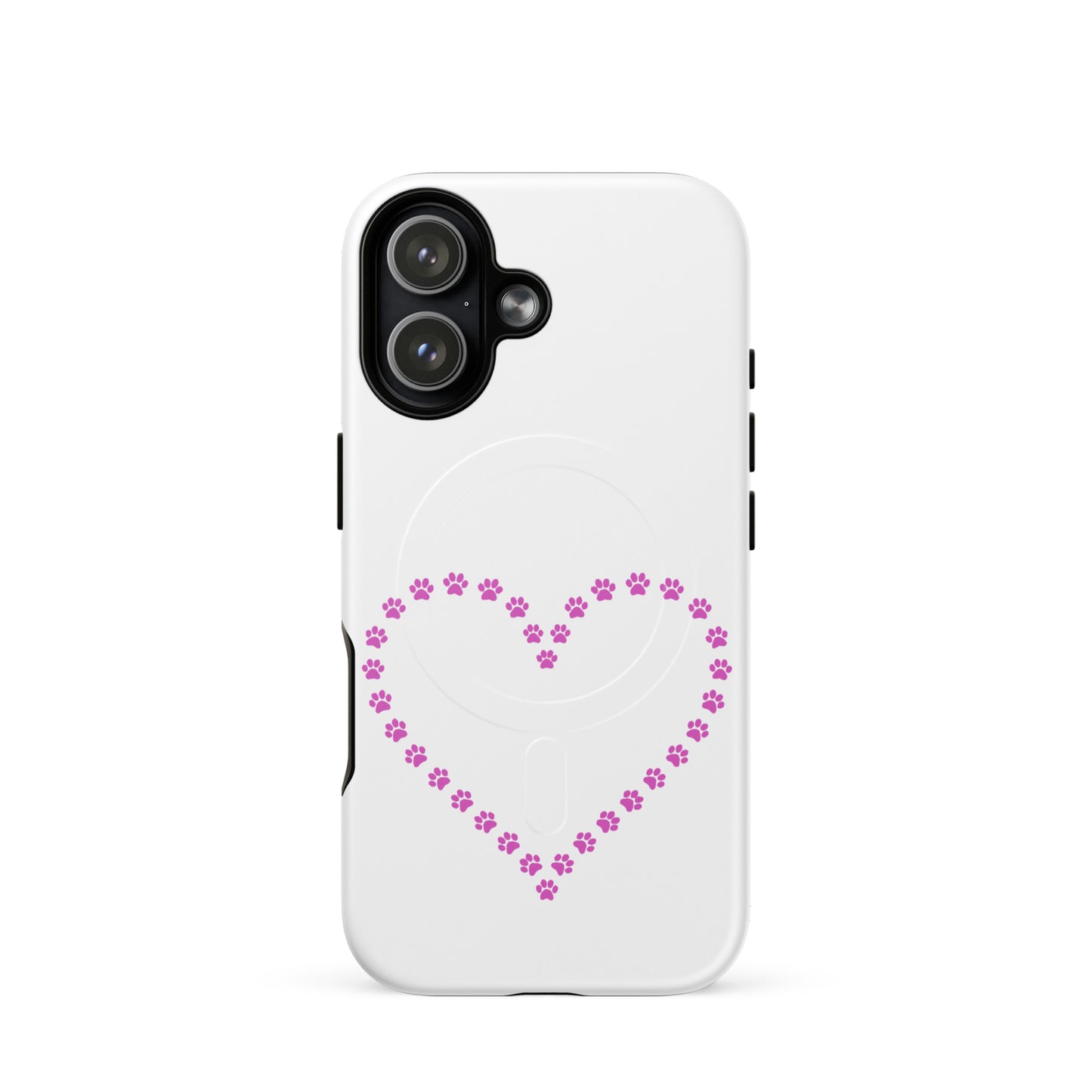 Magnetic Phone Case featuring a heart design made of pink paw prints for pet lovers.