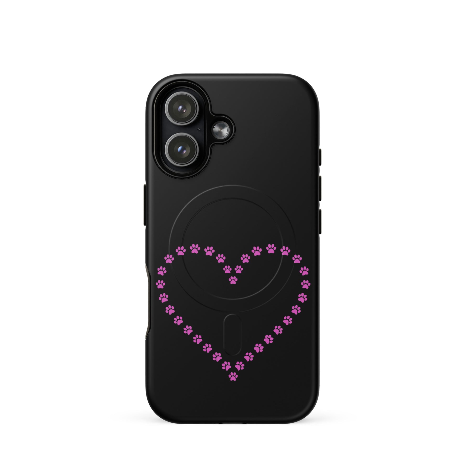 Magnetic Phone Case with pink paw print heart design for pet lovers, perfect for iPhone protection.