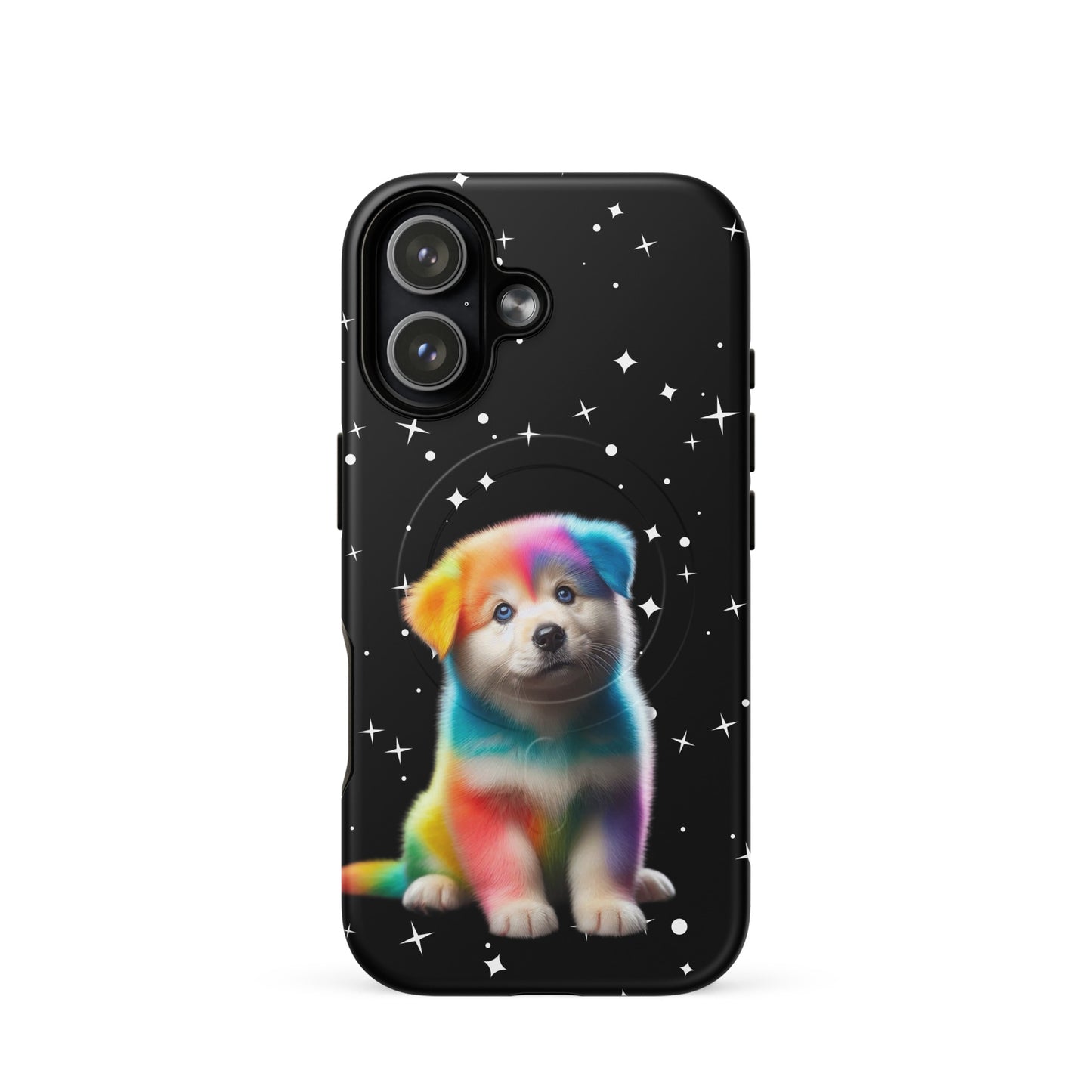 Magnetic Phone Case featuring a rainbow puppy on a starry night background for iPhone.