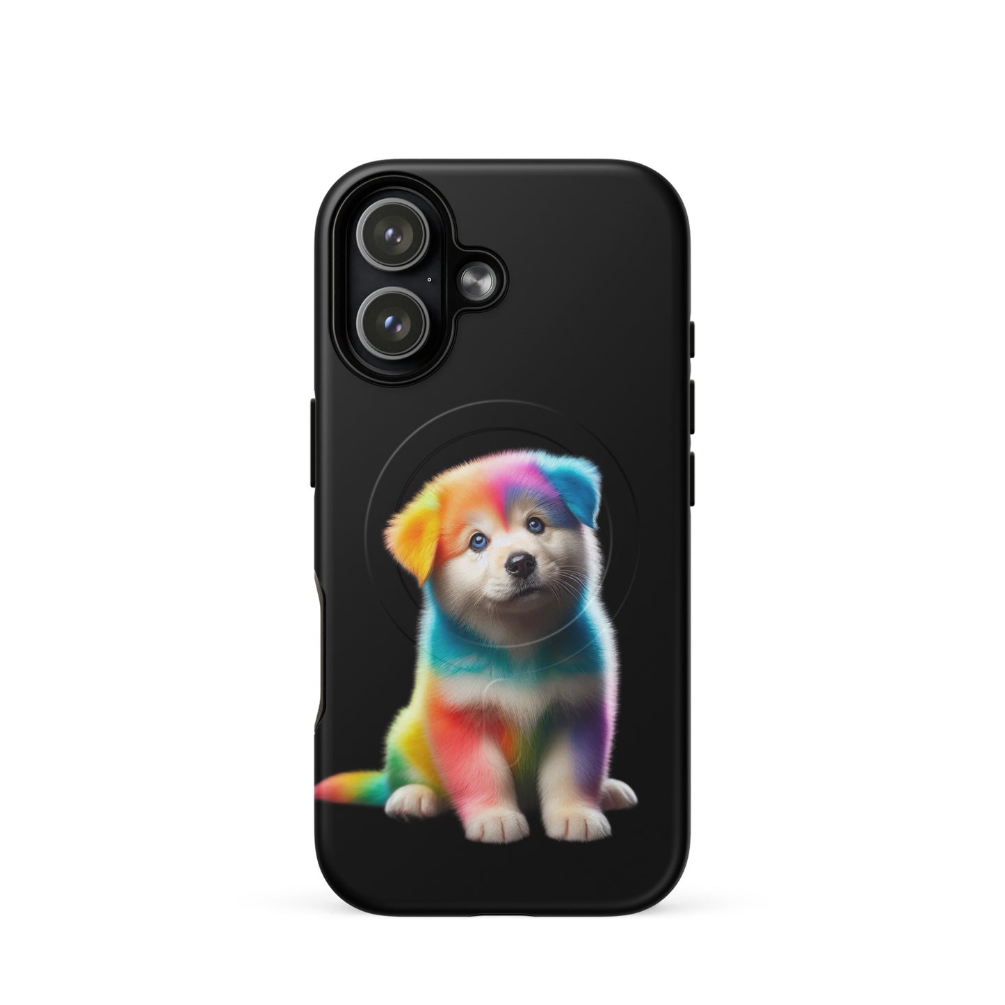Magnetic Phone Case featuring a vibrant rainbow puppy design on a sleek black case.