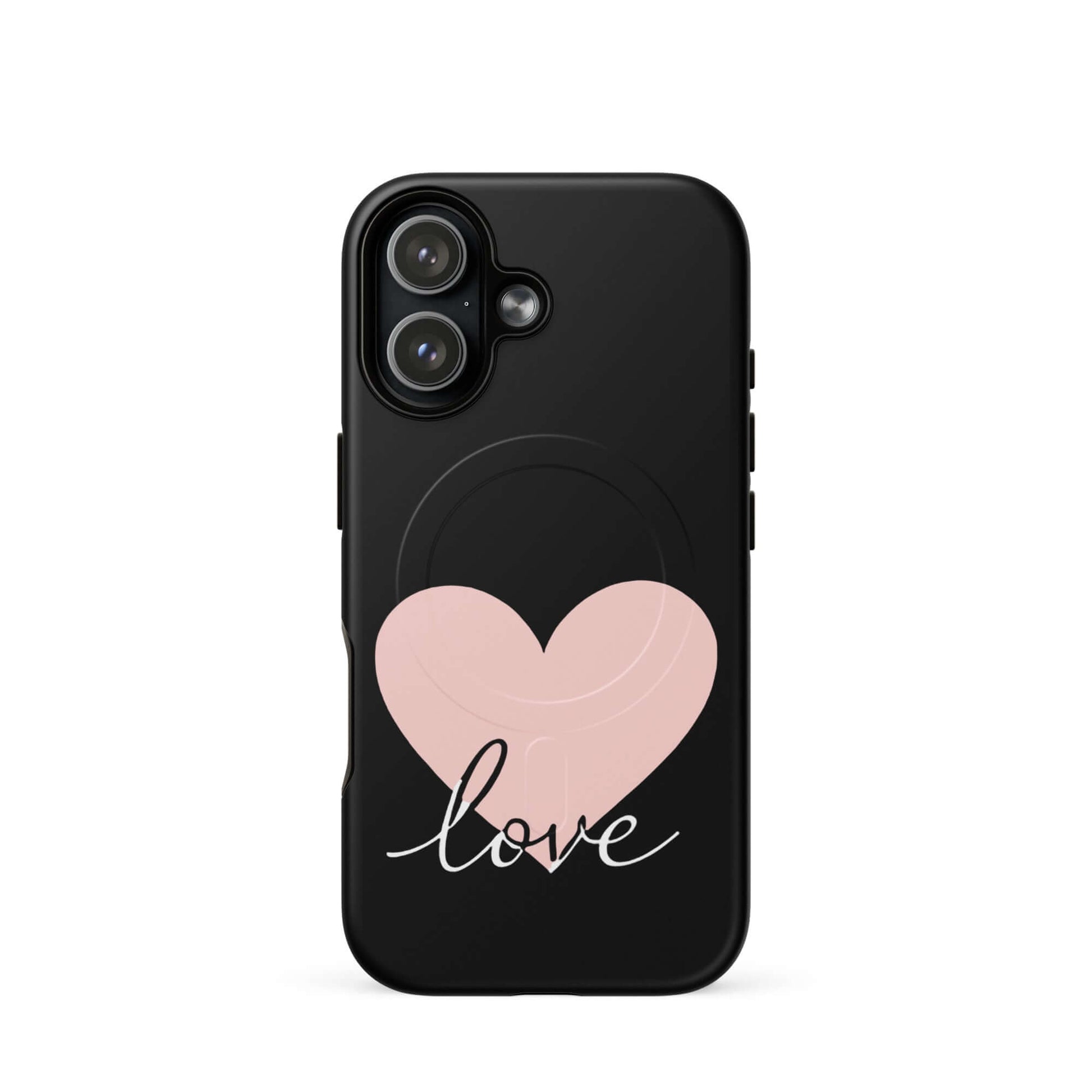 Magnetic Phone Case featuring a pink heart and script 'love' design for stylish protection.