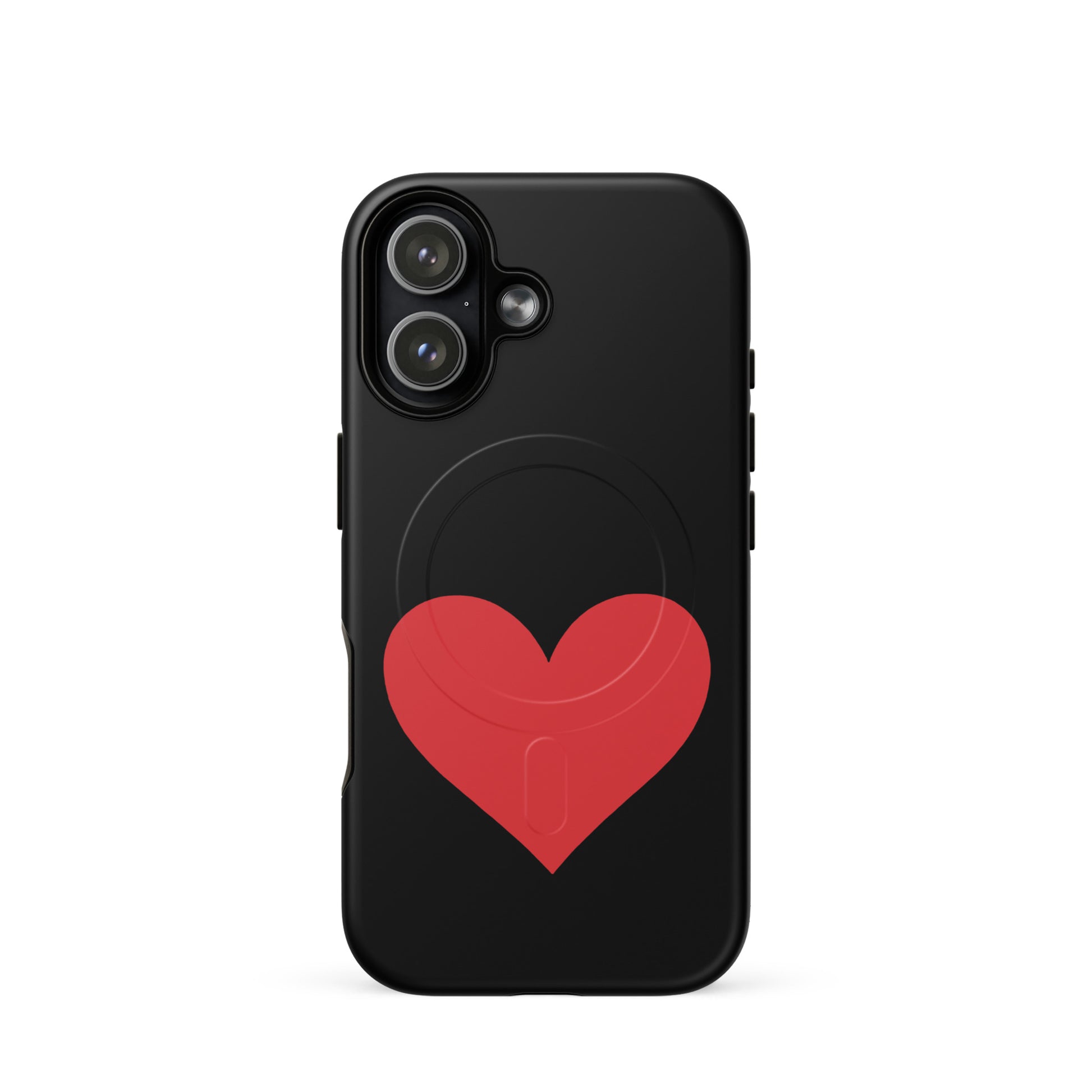 Magnetic Phone Case with bold red heart design on black background, stylish and protective for iPhone.
