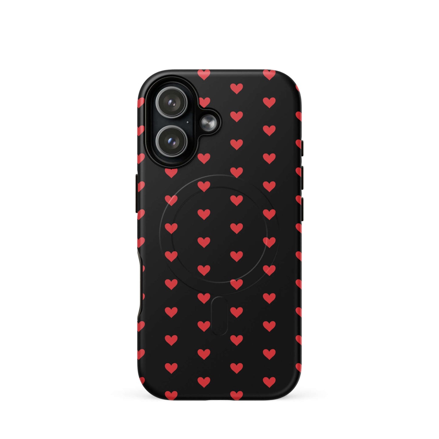 Magnetic Phone Case featuring a pattern of fiery red hearts on a black backdrop, perfect for iPhone.