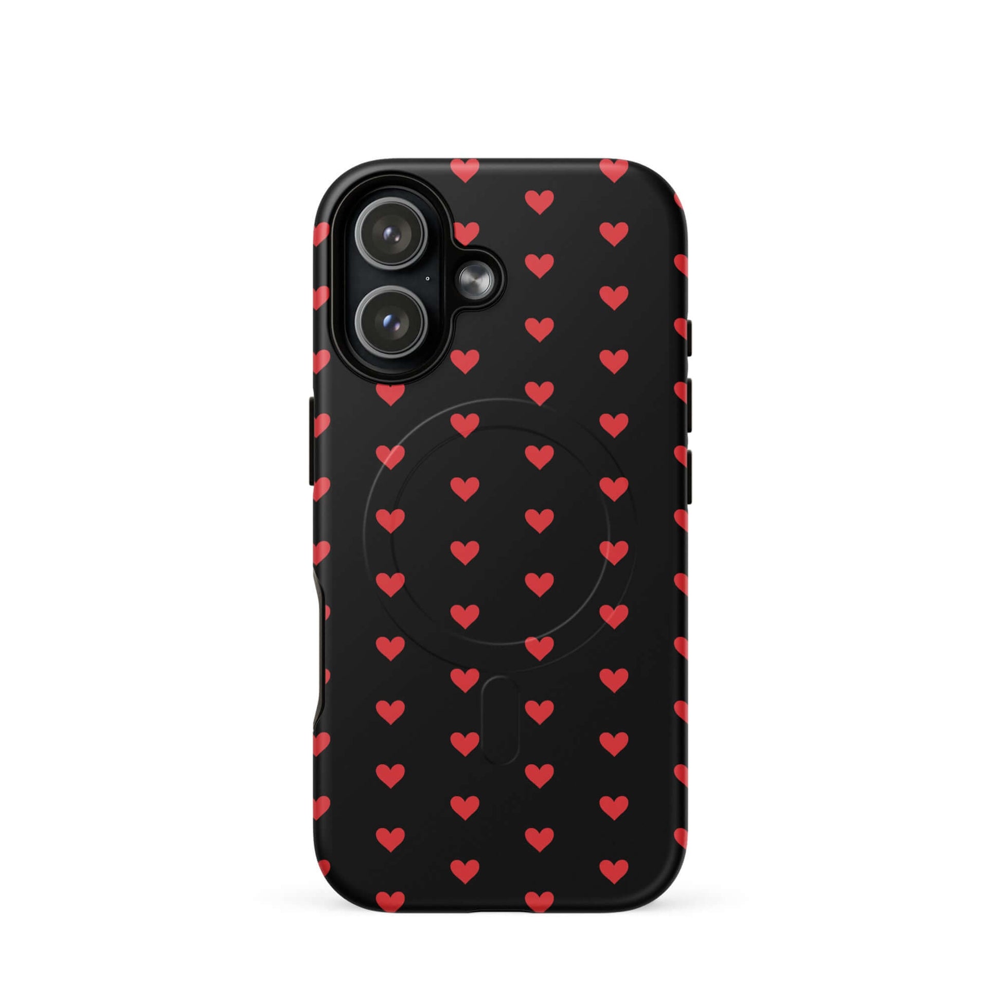 Magnetic Phone Case featuring a pattern of fiery red hearts on a black backdrop, perfect for iPhone.