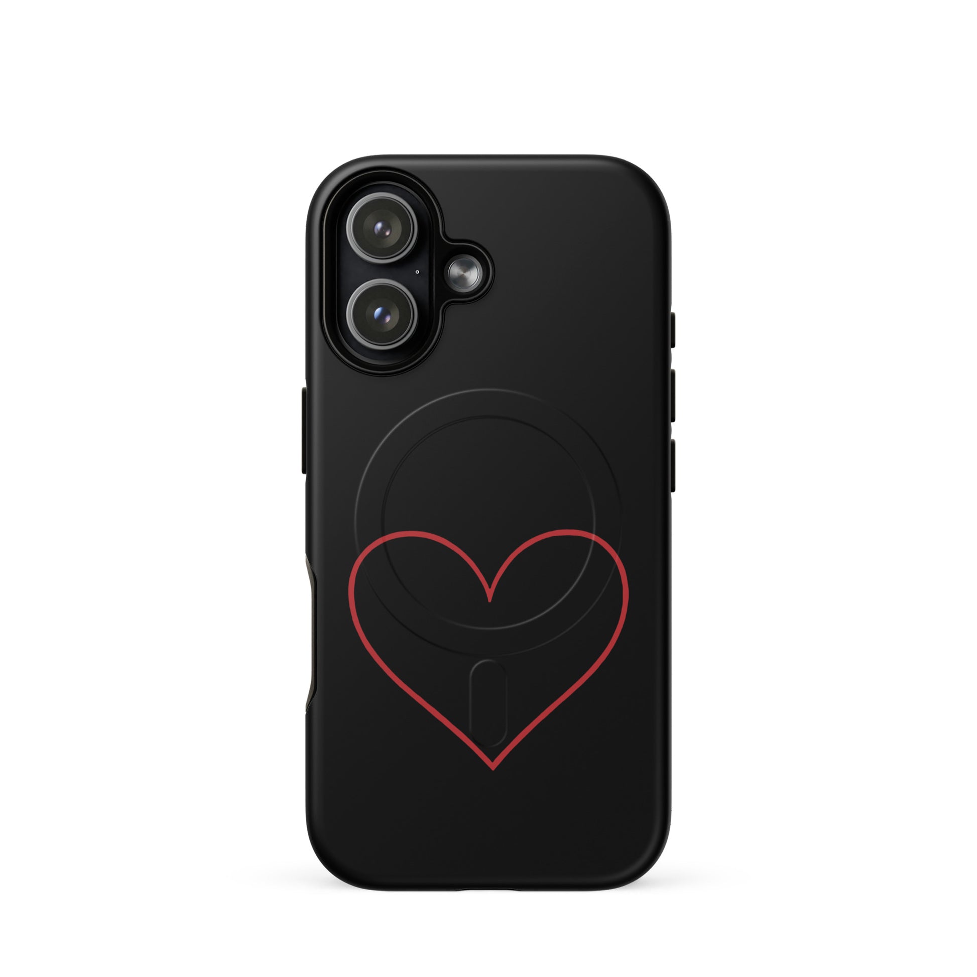 Magnetic Phone Case featuring a minimalist crimson heart design on a sleek black background.