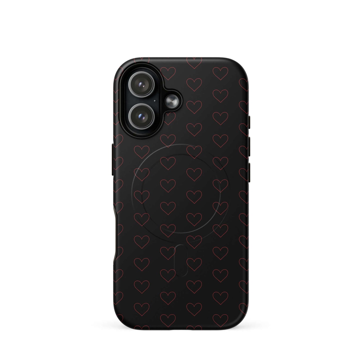 Magnetic Phone Case featuring a luxe crimson heart pattern on black background.