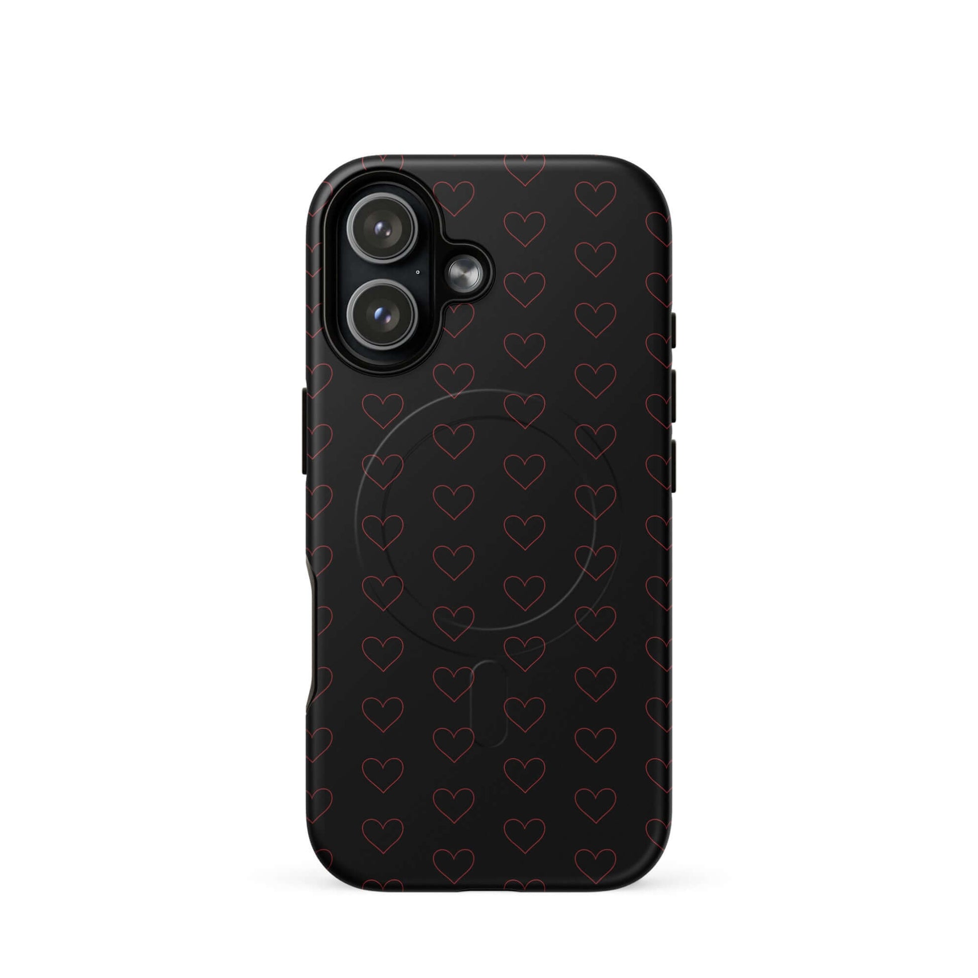 Magnetic Phone Case featuring a luxe crimson heart pattern on black background.