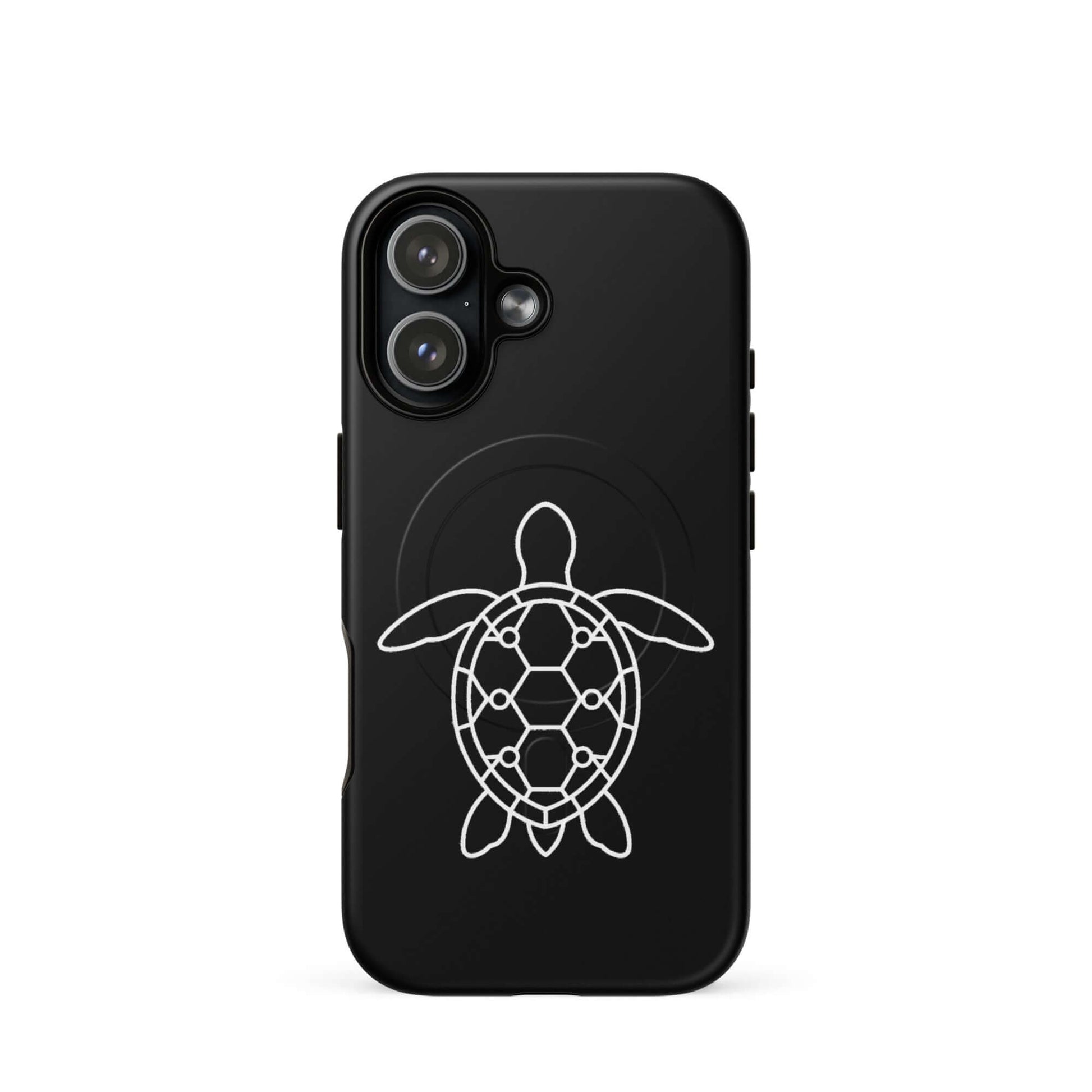 Magnetic Phone Case featuring a minimalist sea turtle silhouette and geometric patterns on a sleek black background.