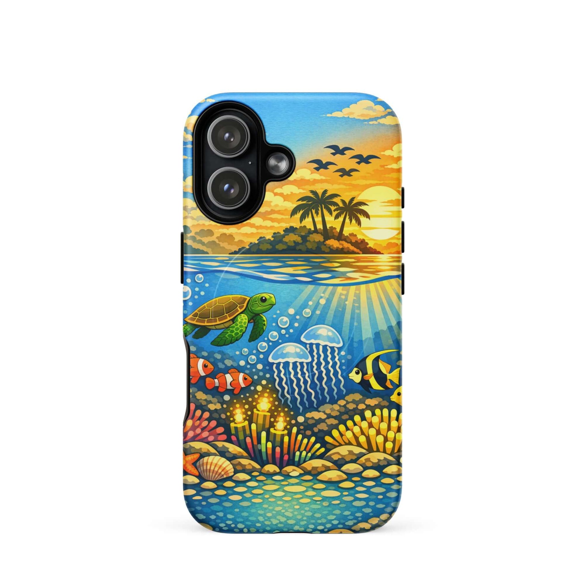 Magnetic Phone Case with tropical sunset and underwater reef featuring sea turtles and colorful marine life.