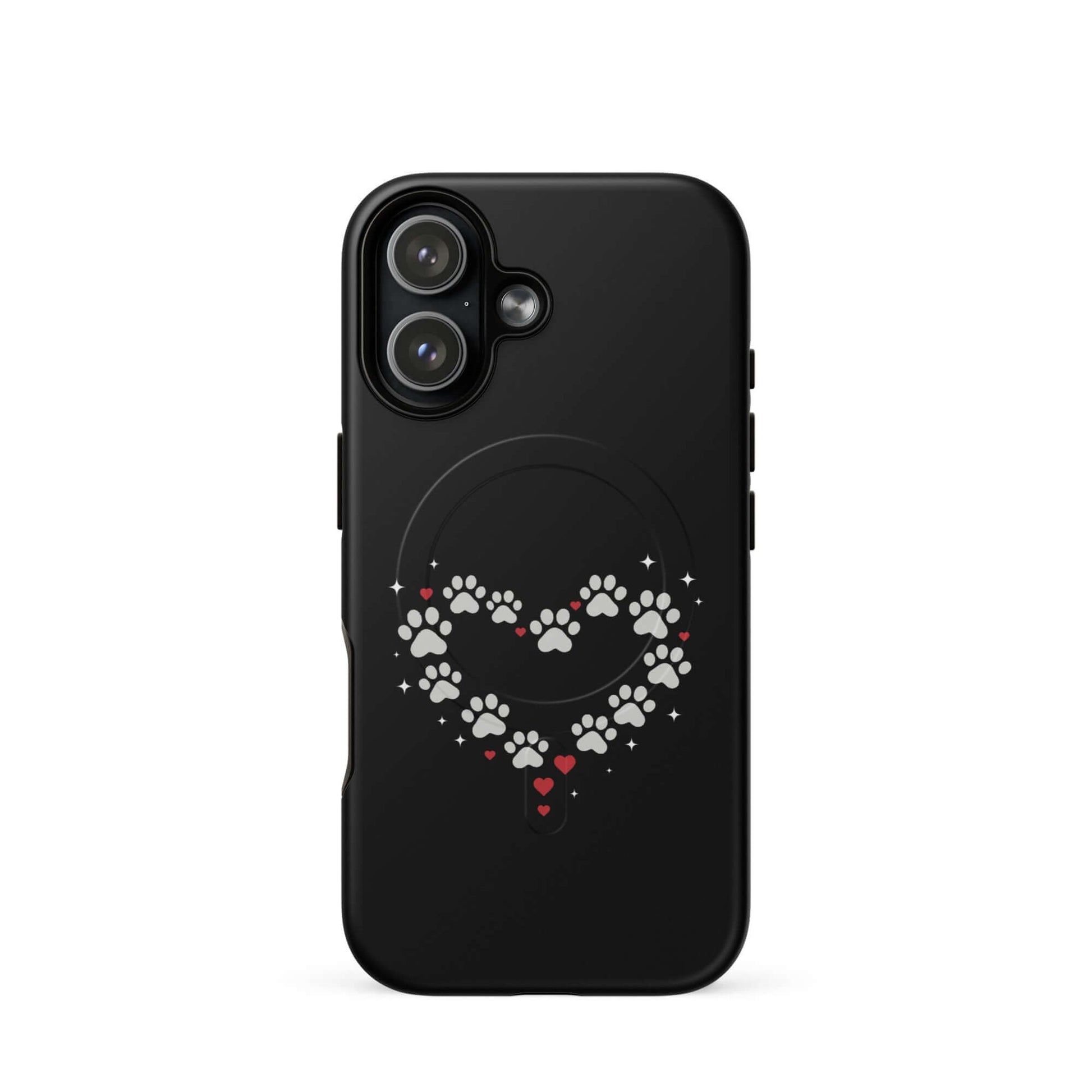Magnetic Phone Case featuring a paw-print heart design on a sleek black backdrop.