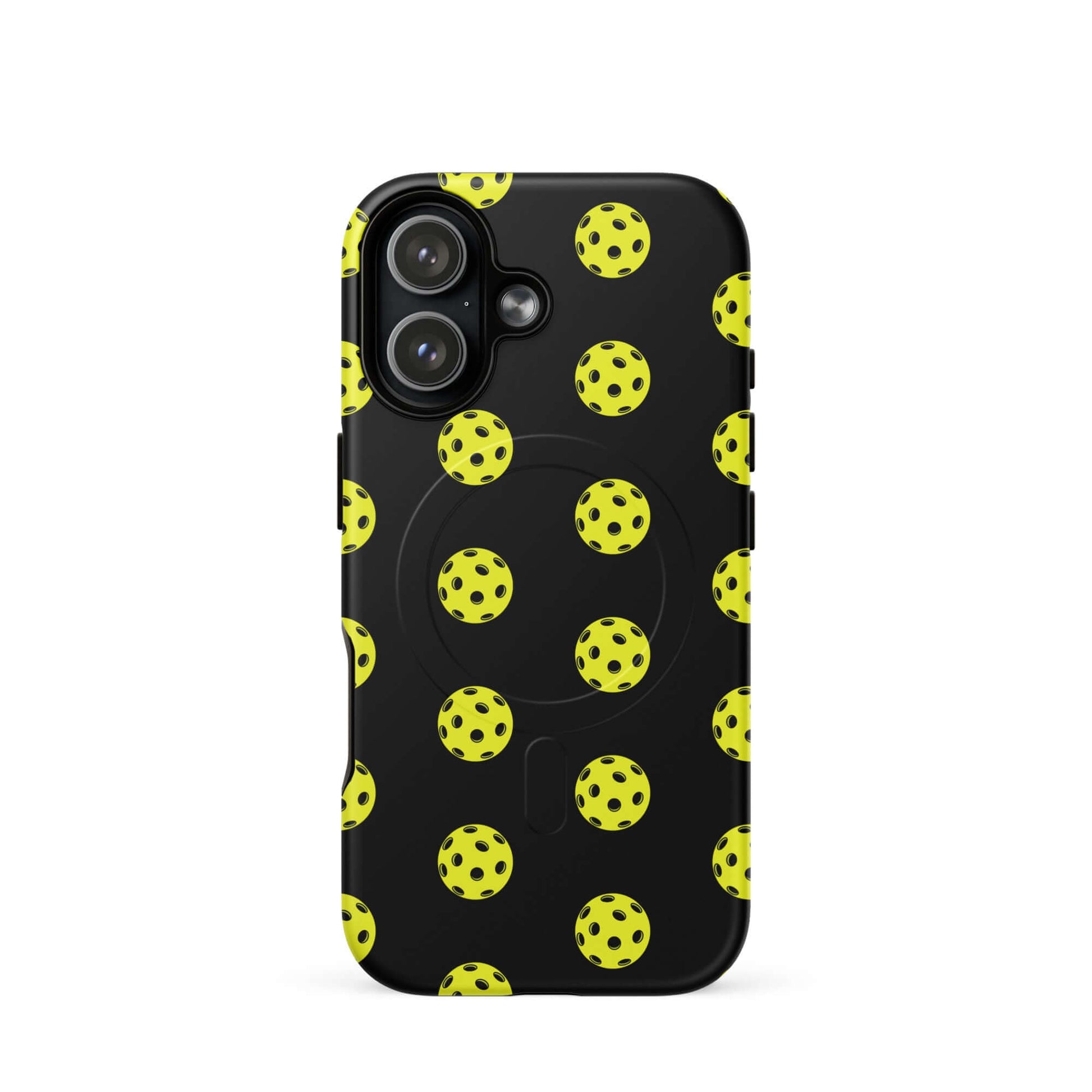 Magnetic Phone Case featuring a playful pickleball pattern on a black background, perfect for sporty enthusiasts.