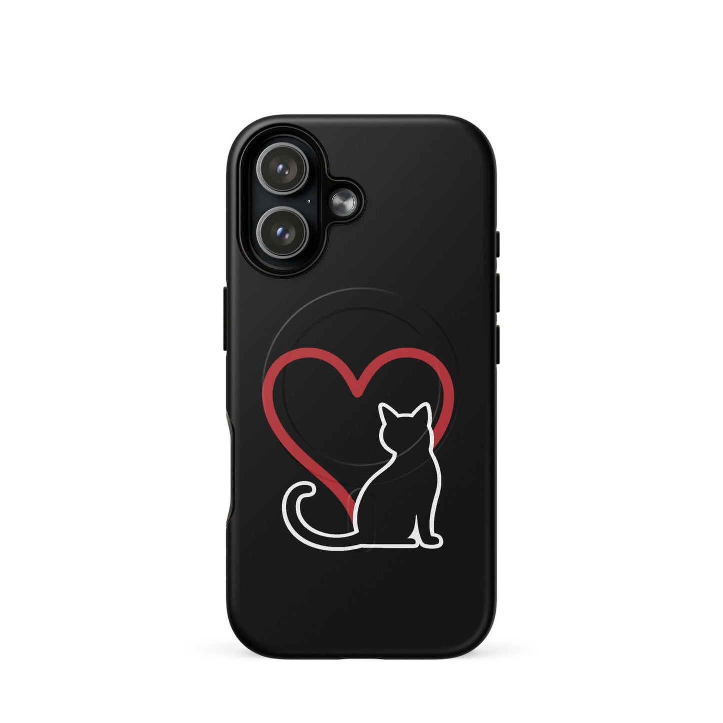 Magnetic Phone Case featuring a minimalist black cat silhouette beside a red heart on a sleek design.