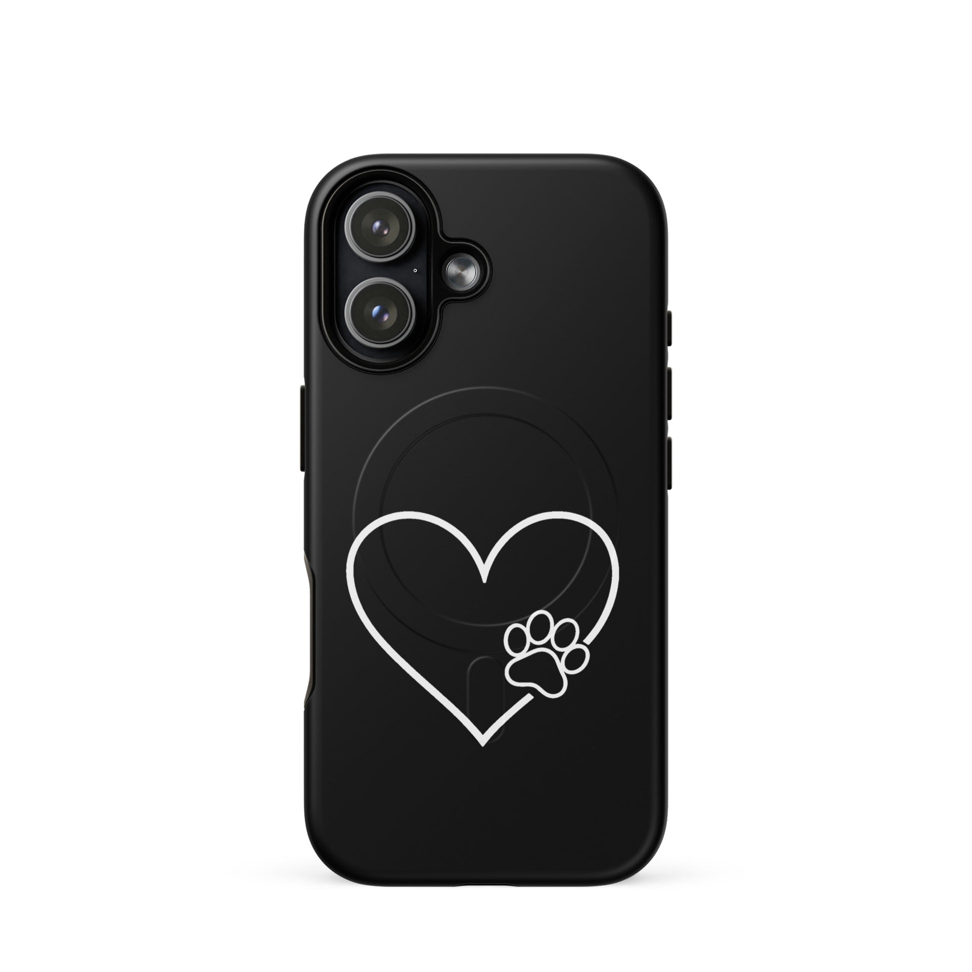 Magnetic Phone Case for iPhone with white heart and black paw print design for pet lovers, sleek and protective.
