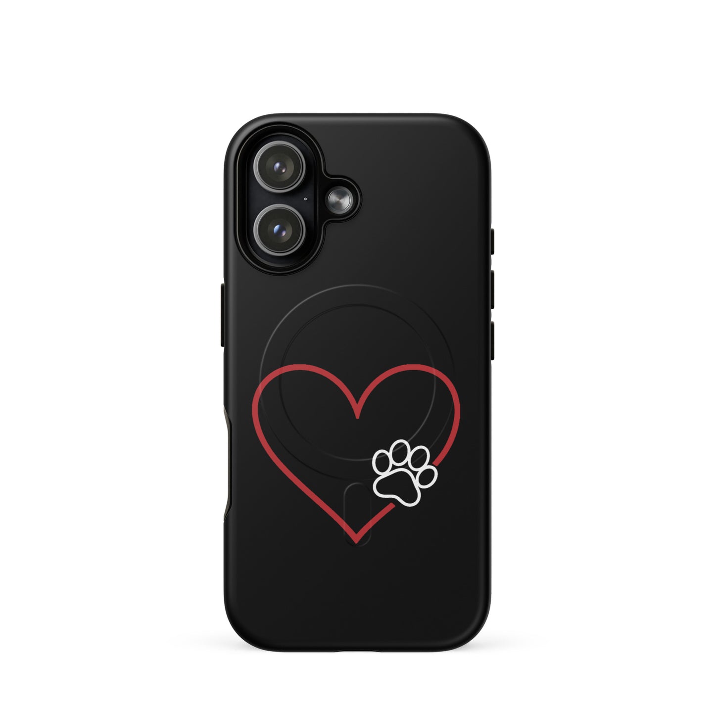 Magnetic Phone Case with heart and paw print design, showcasing pet love theme, compatible with iPhone, in sleek black finish.