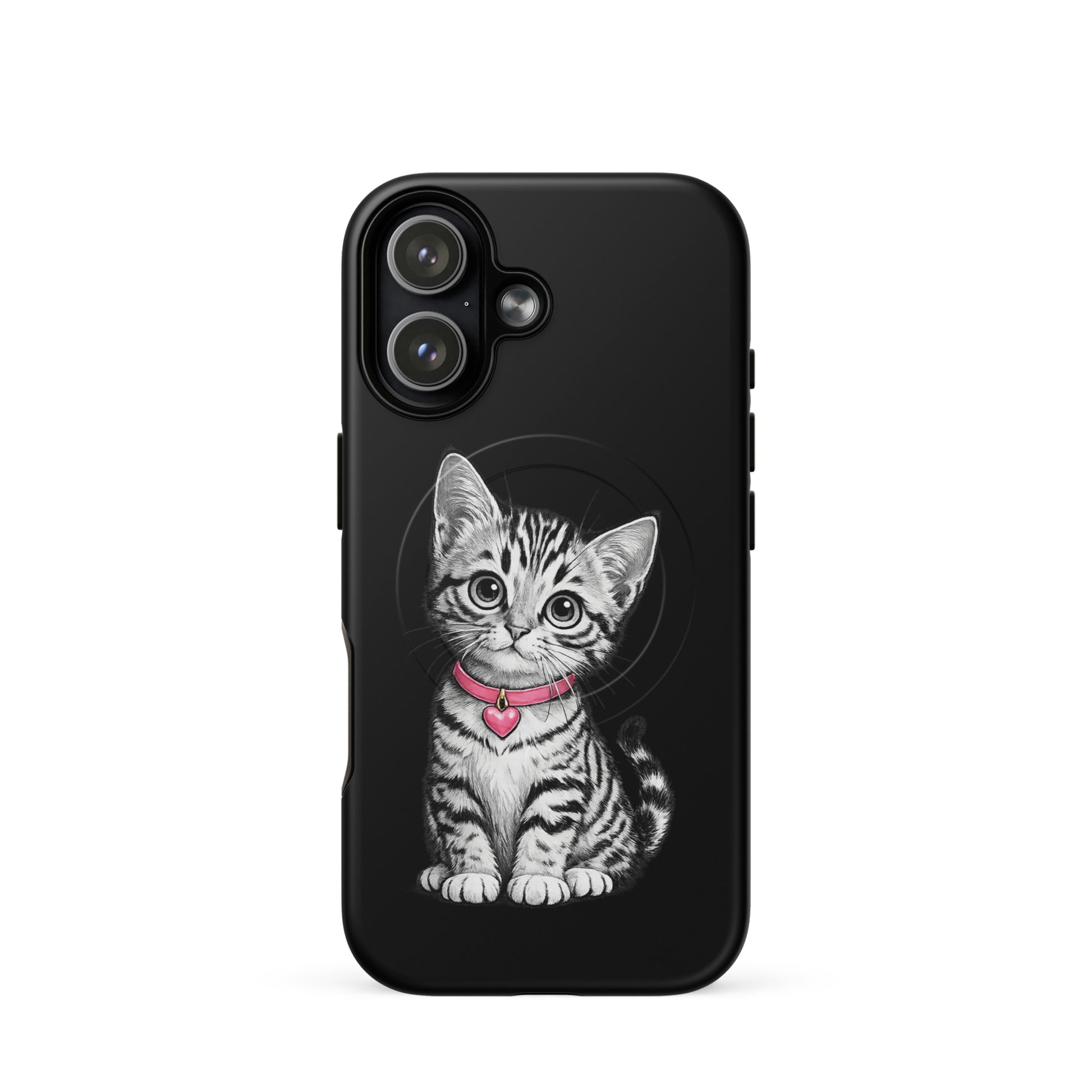 Magnetic Phone Case featuring pencil-sketch kitten with pink collar and heart charm on black background for iPhone.