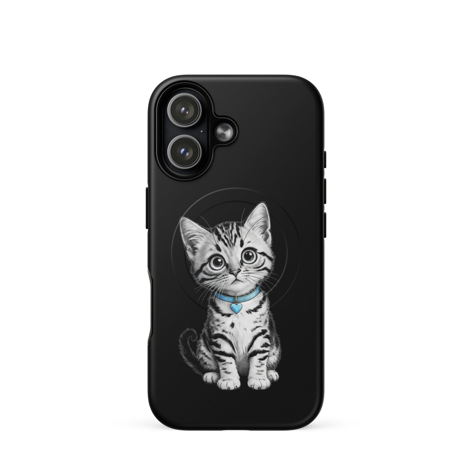 Magnetic Phone Case featuring sketch of kitten with blue collar & heart charm on black background with elegant design
