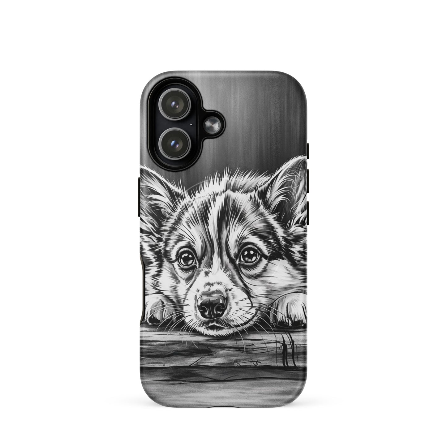 Magnetic Phone Case for iPhone with elegant puppy art, black-and-white design, premium protection, and seamless background.