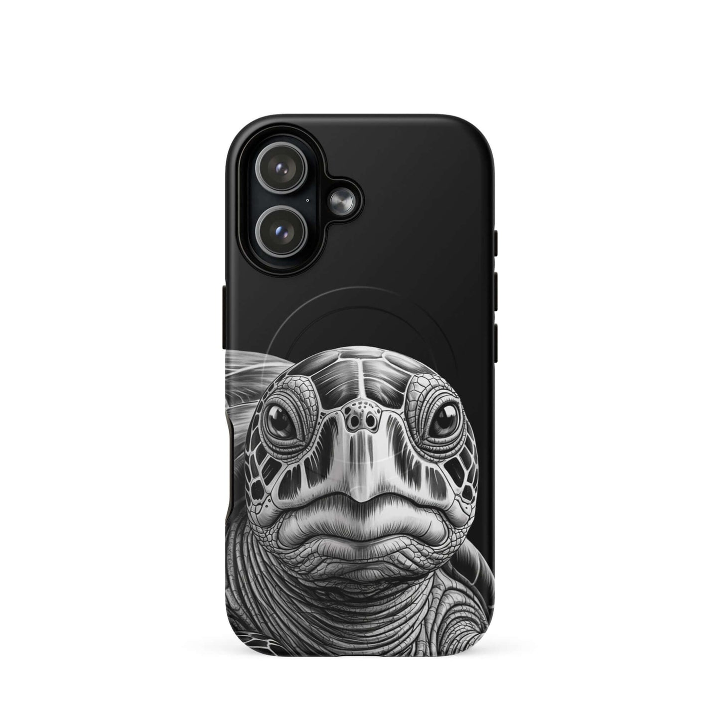 Magnetic Phone Case with ancient sea turtle art for iPhone, featuring a detailed black-and-white pencil sketch.