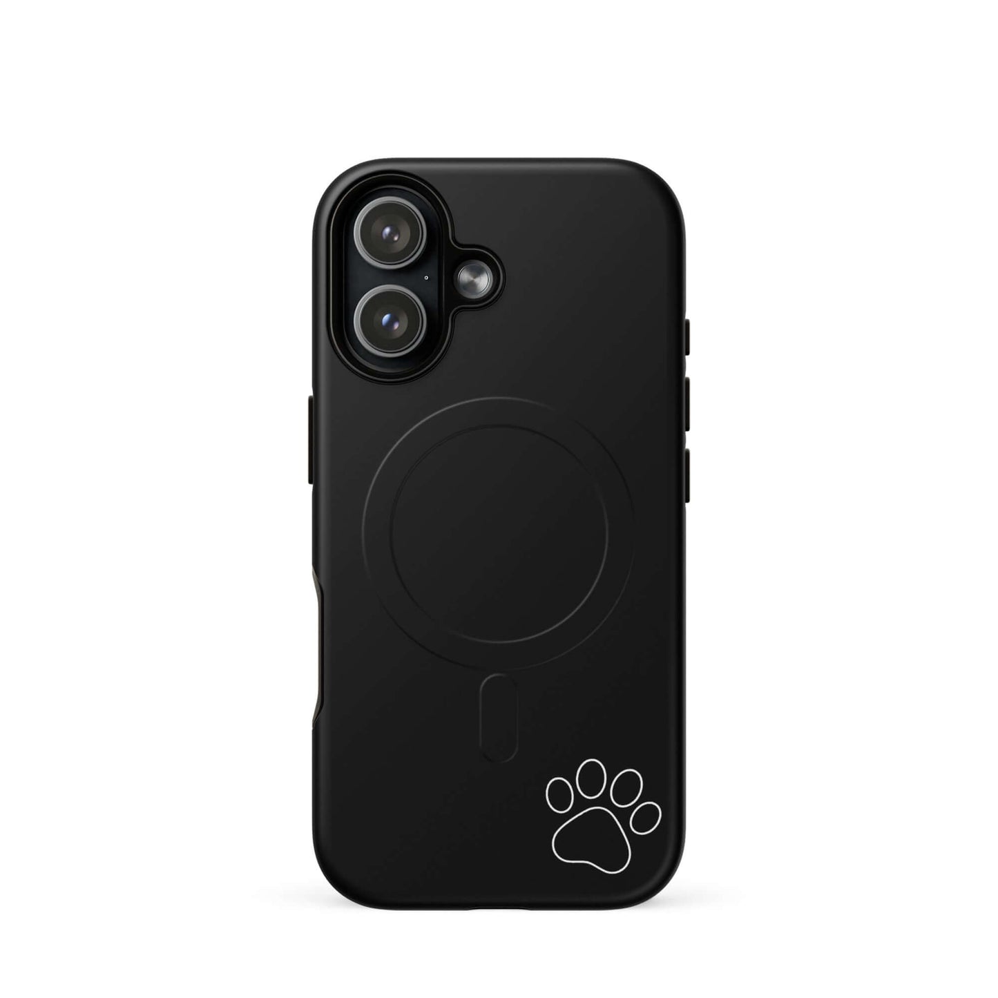 Magnetic Phone case for iPhone featuring black design with white paw print in lower corner, minimalist and tough.