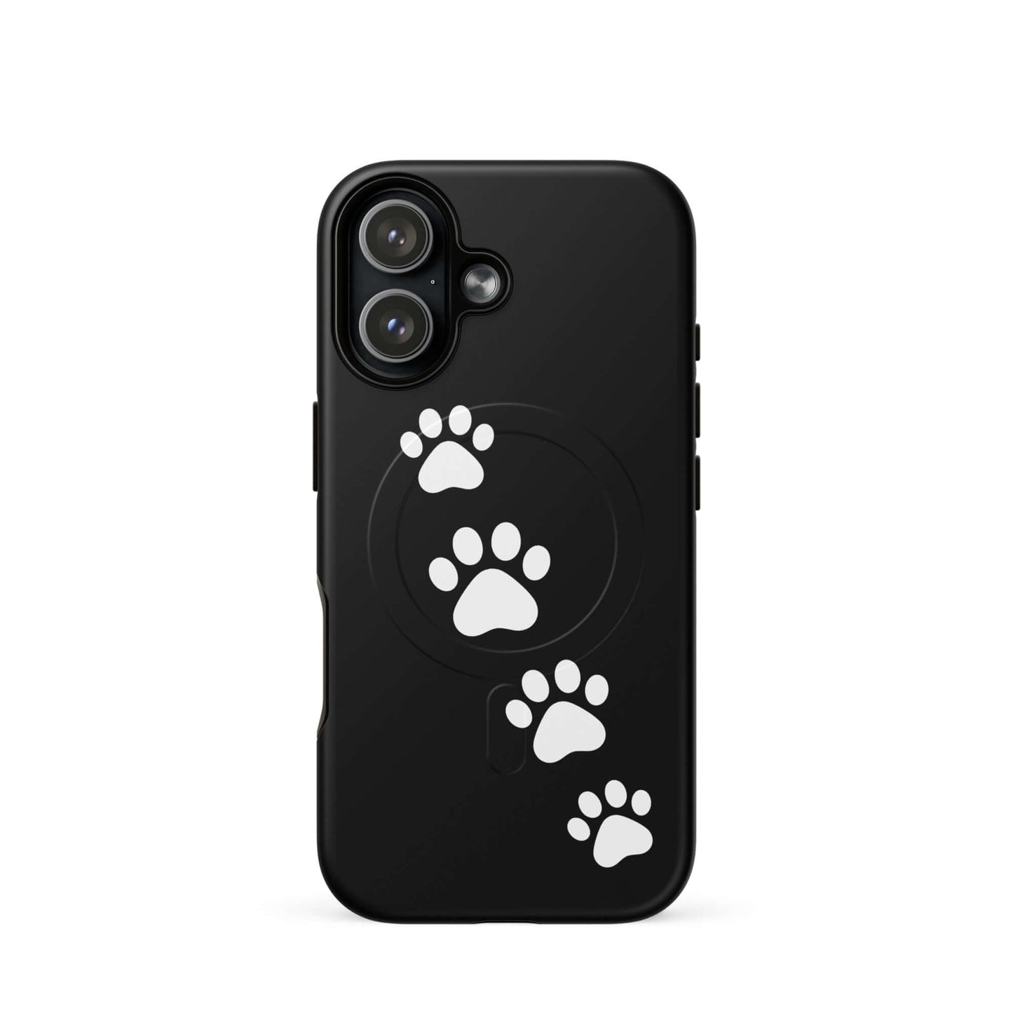 Magnetic Phone Case with white paw print design on black background for pet lovers and iPhone users.