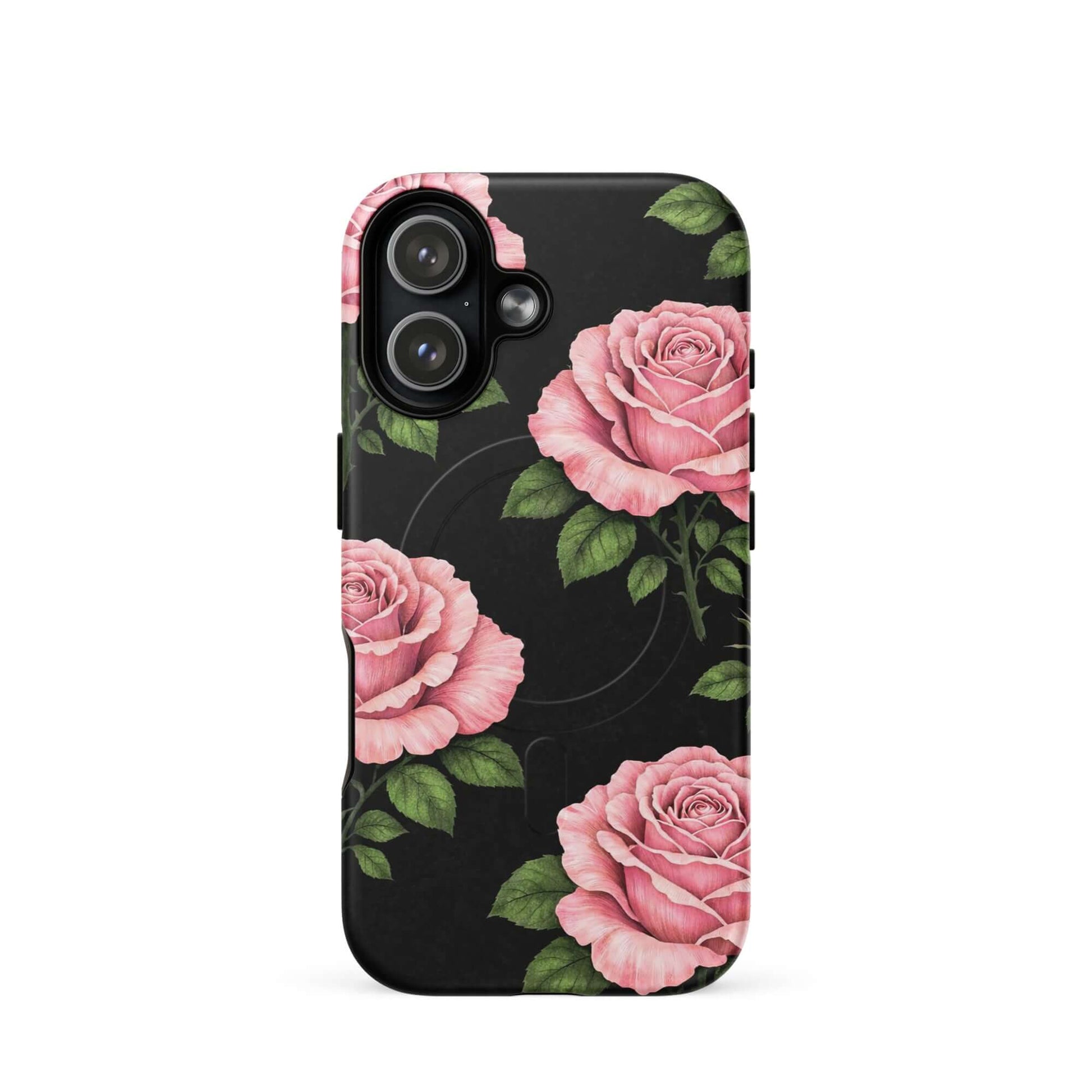 Magnetic Phone Case with pink rose garden design on black background for iPhone, offering floral charm and pencil-stencil style elegance.