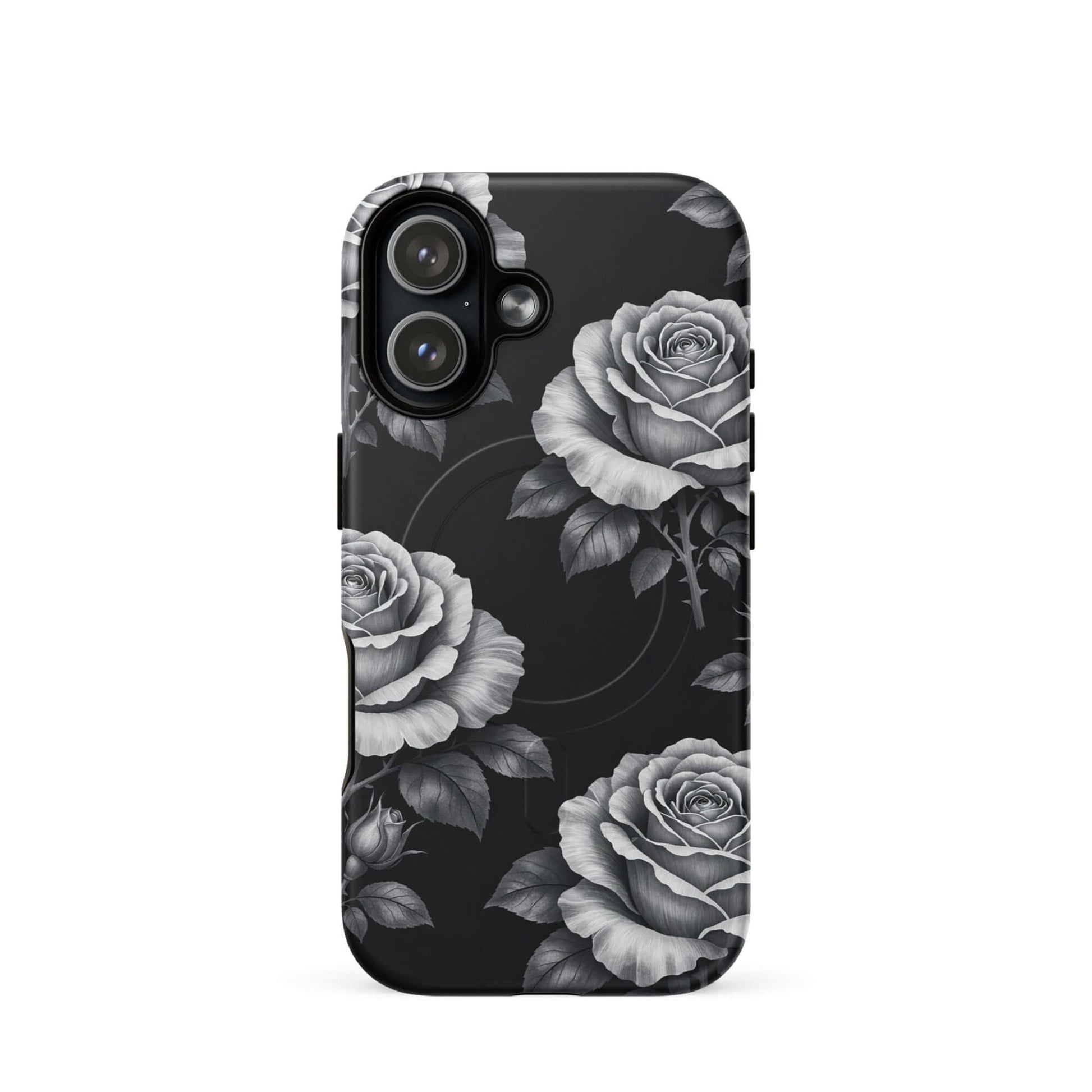 Magnetic Phone Case for iPhone with rose garden design on black background, featuring hand-sketched style roses and leaves.