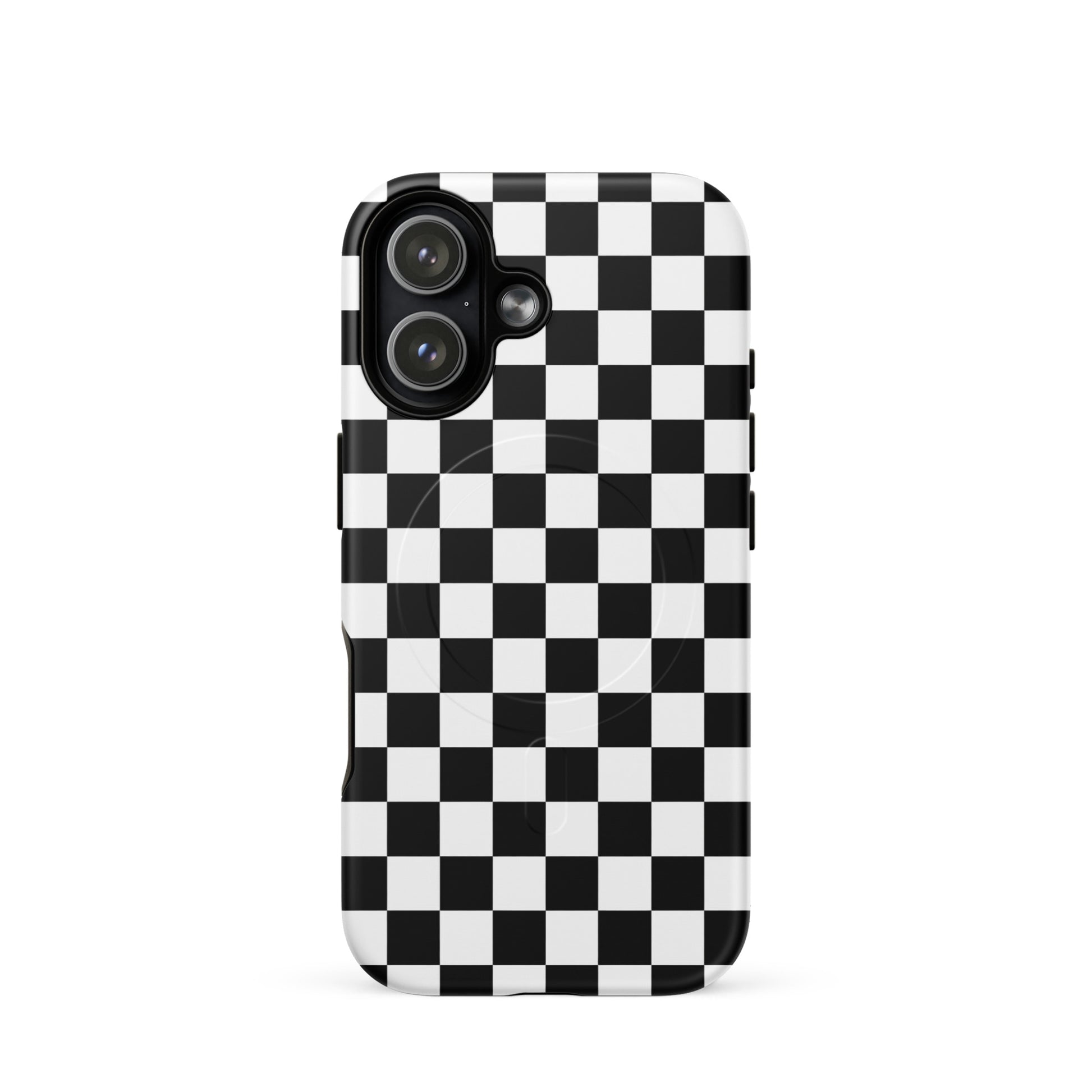Magnetic Phone Case with bold checkered pattern for iPhone, adds playful racing vibe to smartphone.