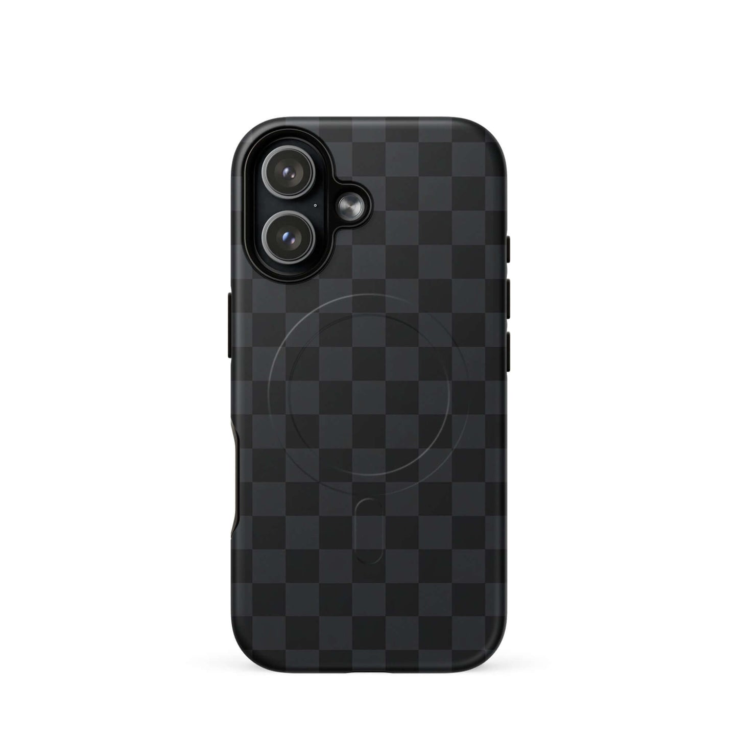 Magnetic Phone Case for iPhone in black and charcoal checkered design, showcasing sophistication and modern style.