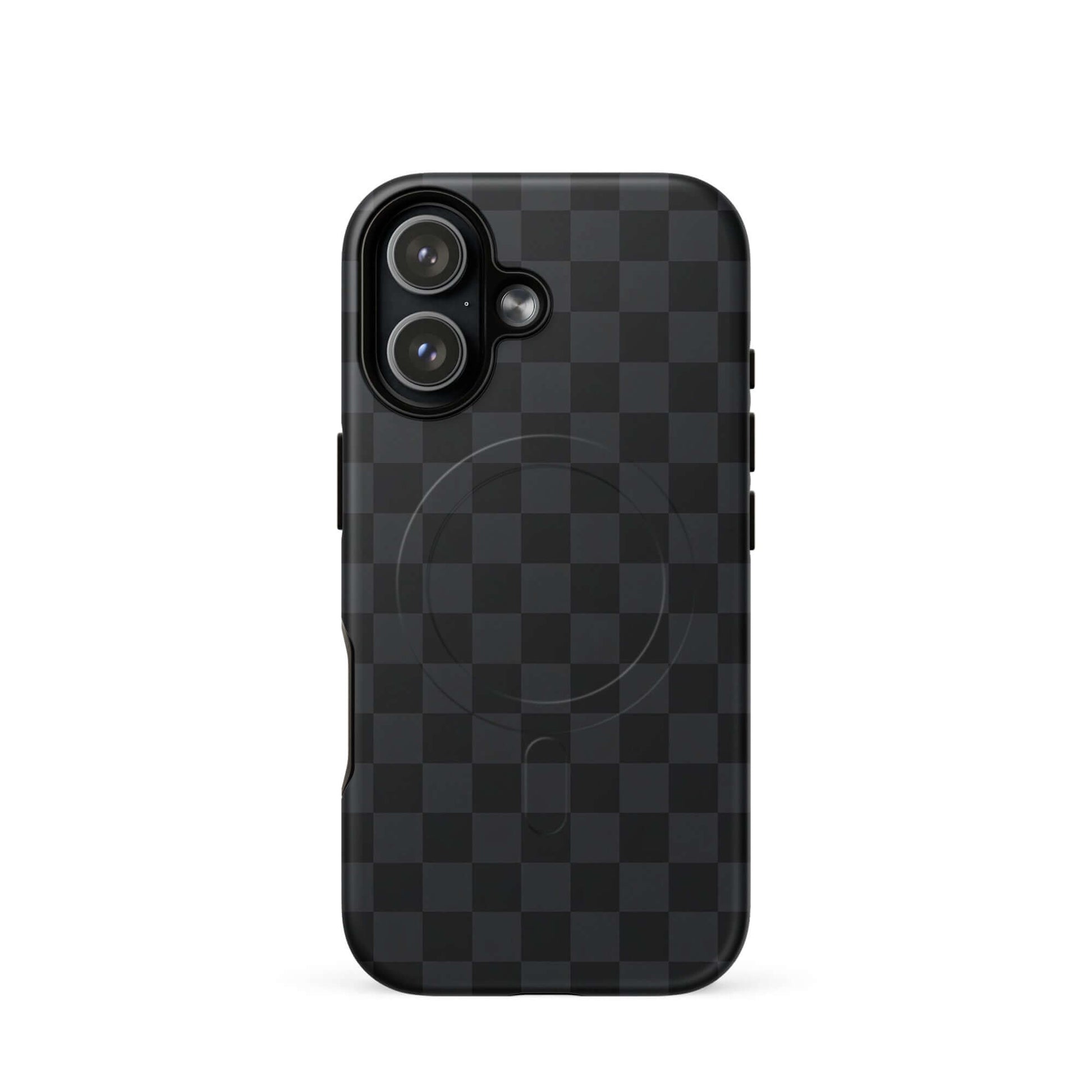 Magnetic Phone Case for iPhone in black and charcoal checkered design, showcasing sophistication and modern style.