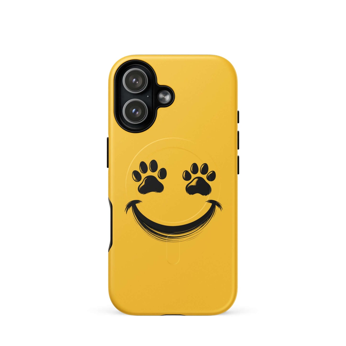 Magnetic Phone Case with yellow smiley face and paw prints design for pet lovers