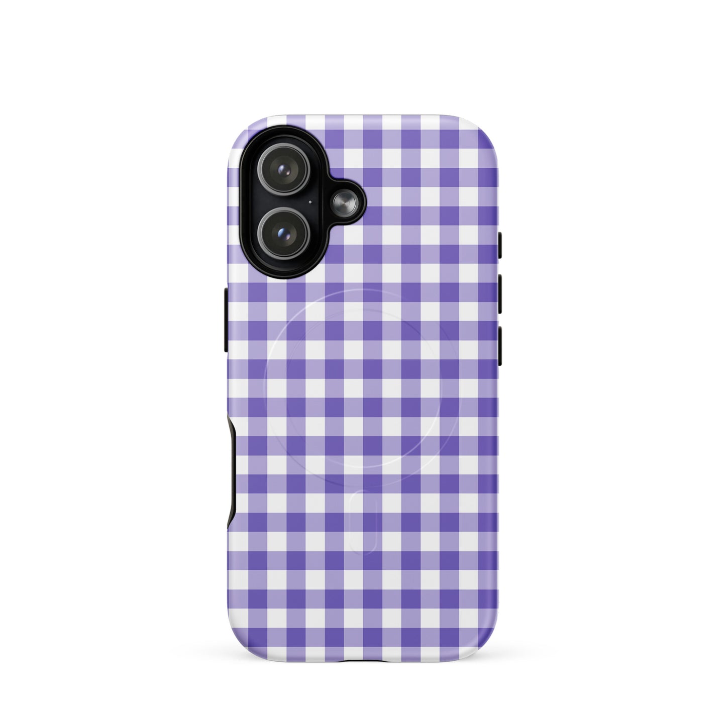 Magnetic Phone Case in purple gingham pattern offering style and luxury for iPhone.