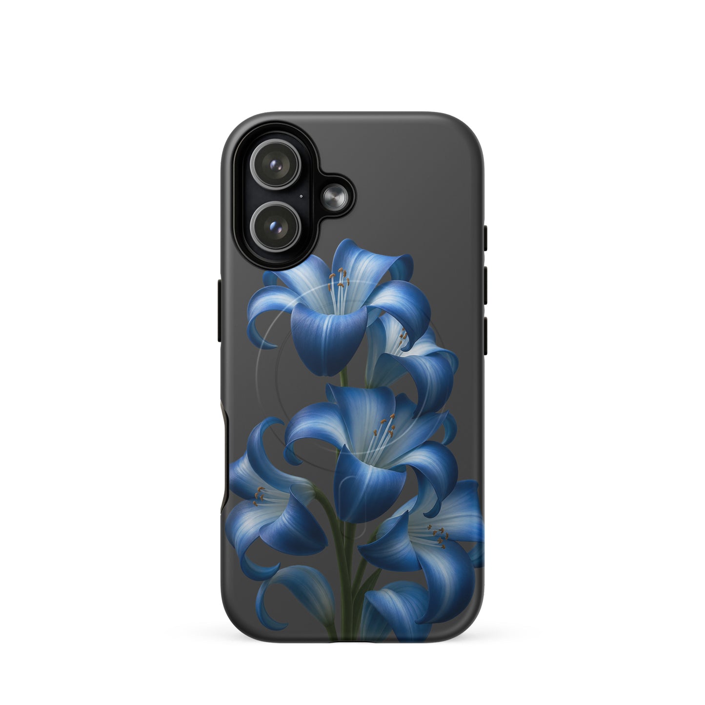 Magnetic Phone Case for iPhone featuring vibrant blue lily bloom art on a dark background, offering stylish protection.