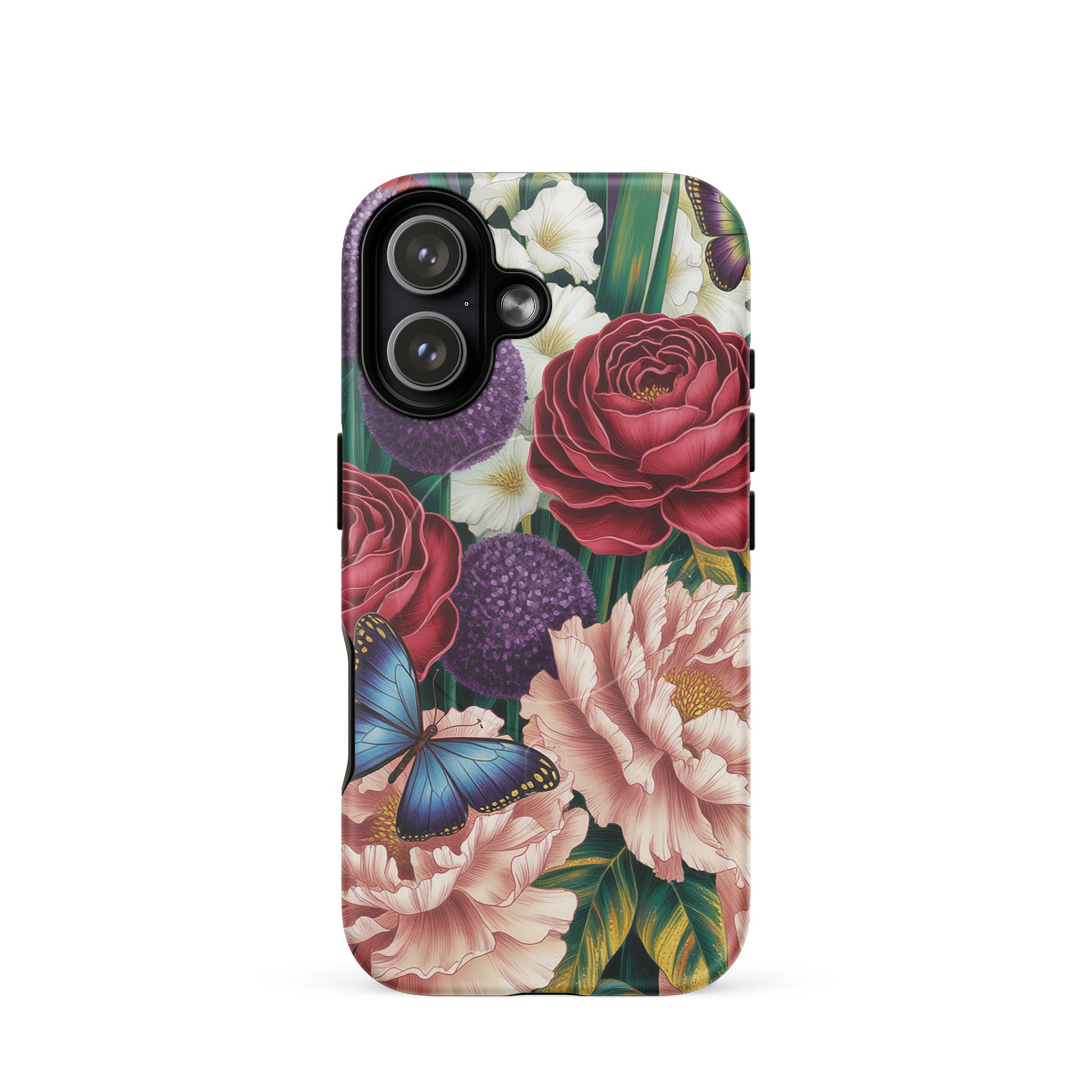 Magnetic Phone Case for iPhone with botanical garden design featuring crimson roses, pink peonies, purple alliums, and blue butterflies.