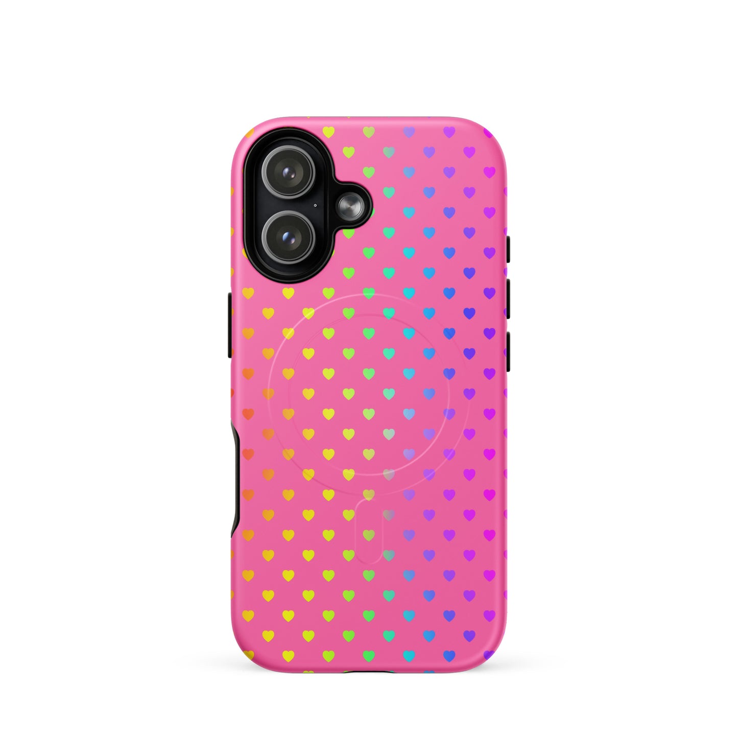 Magnetic Phone Case for iPhone with cute rainbow hearts design on pink backdrop, protective dual-layer case.