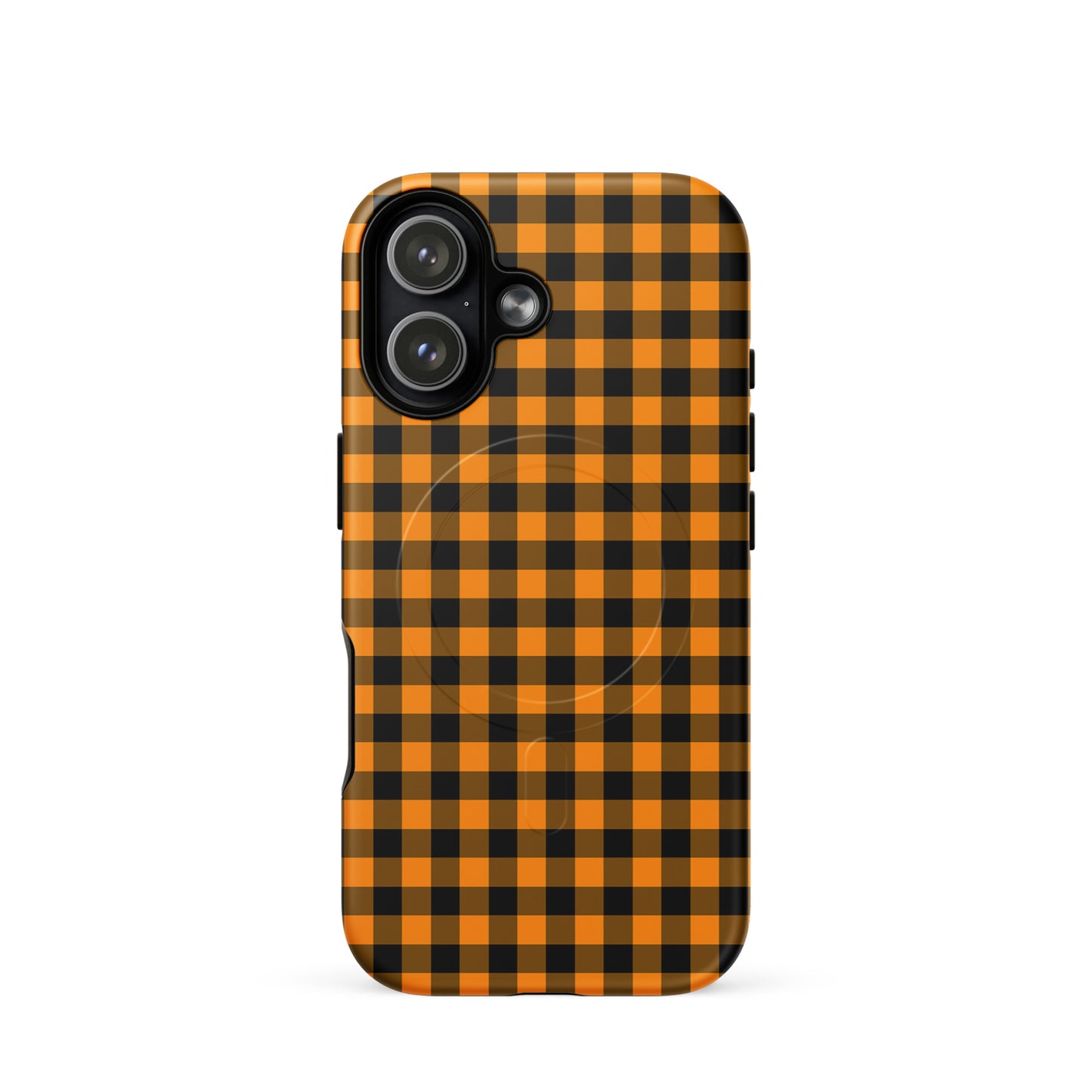 Magnetic Phone Case in black and orange gingham autumn theme for iPhone, combines stylish design with durable protection.