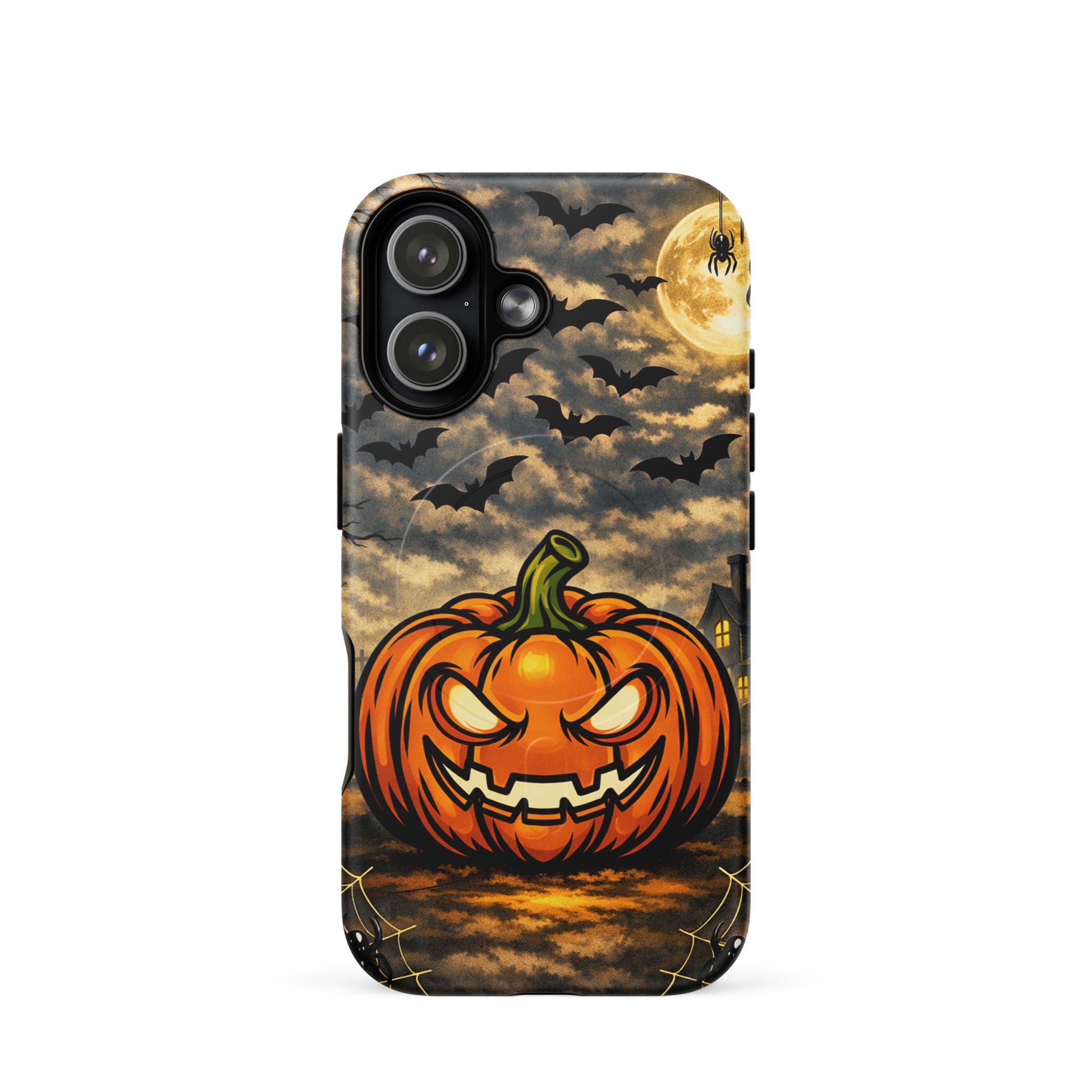 Magnetic Phone Case with Halloween pumpkin and bats design for iPhone, featuring a moonlit haunted house scene.