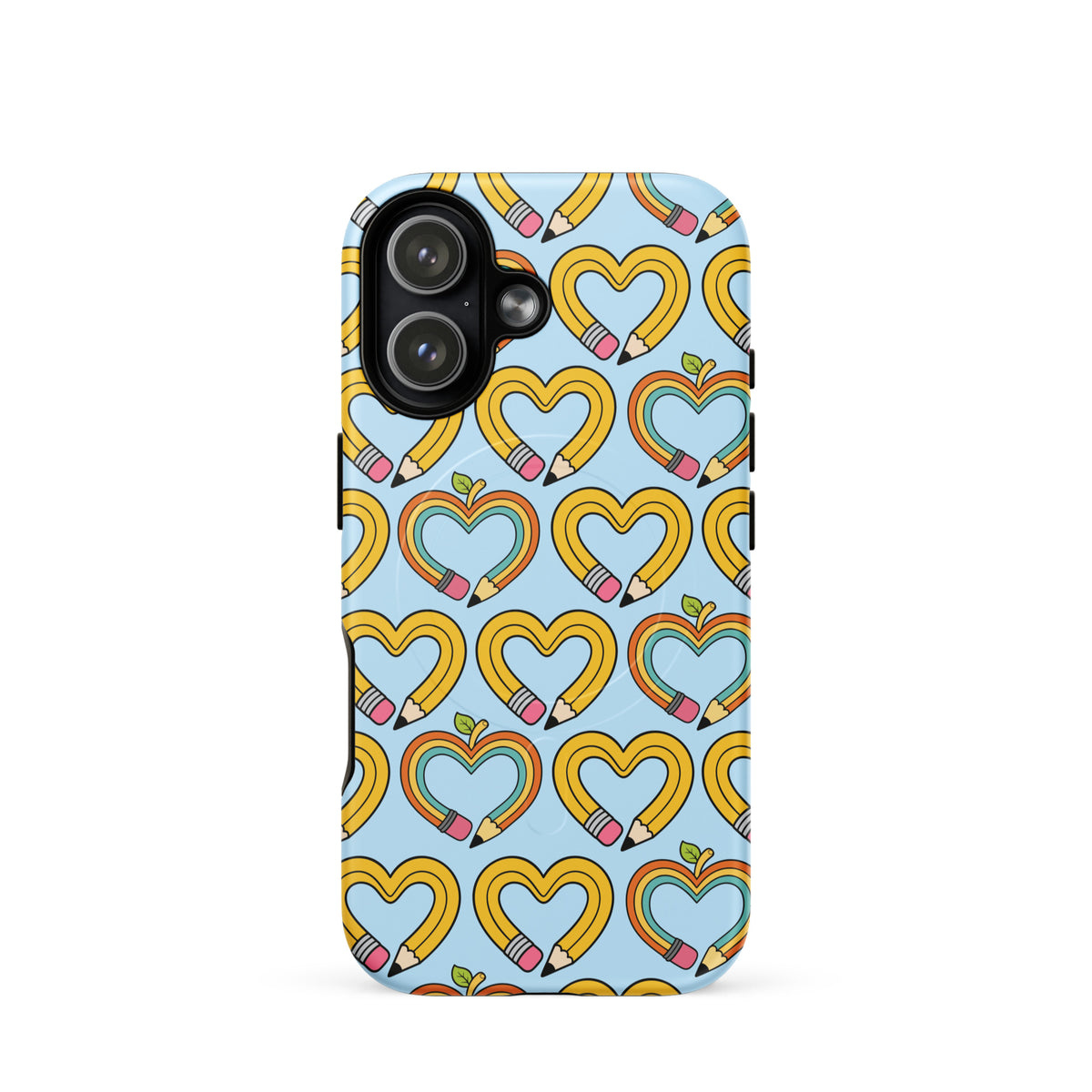 Magnetic Phone Case for iPhone with playful pencil-heart pattern, featuring whimsical pencil-shaped hearts and green leaves.