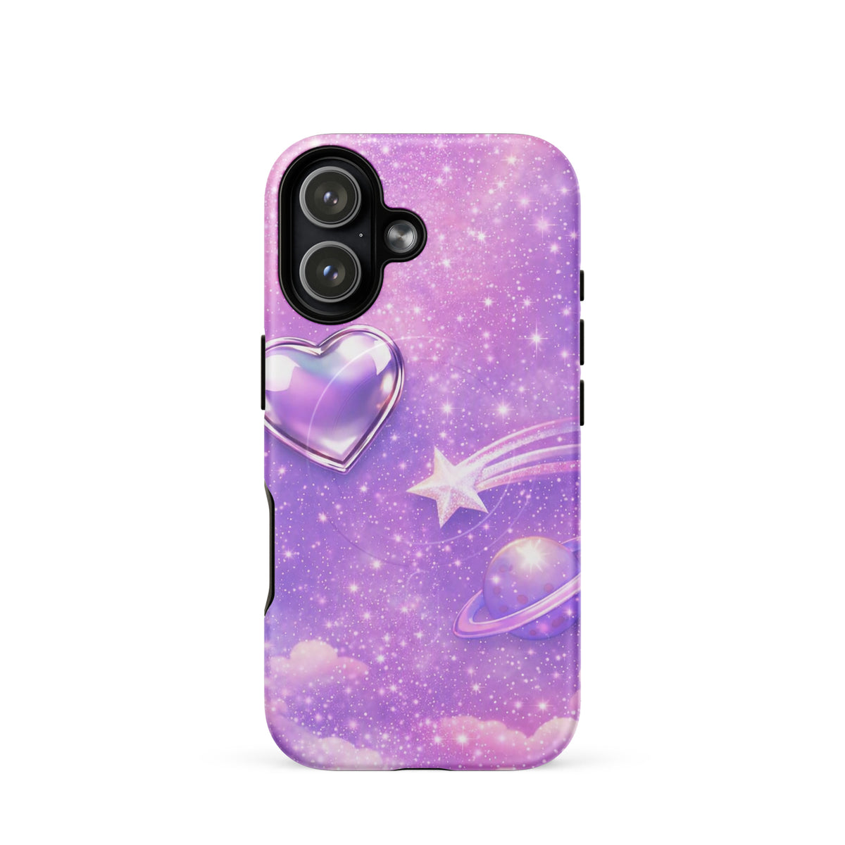 Magnetic Phone Case for iPhone with cosmic heart and shooting star design, featuring pastel clouds, stars, and planets.