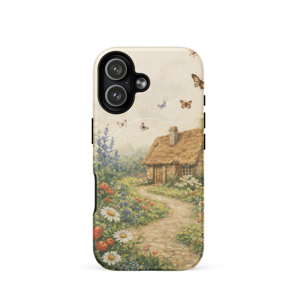 Magnetic Phone Case for iPhone with cottage garden art featuring a stone cottage and vibrant flowers, enhancing countryside charm.