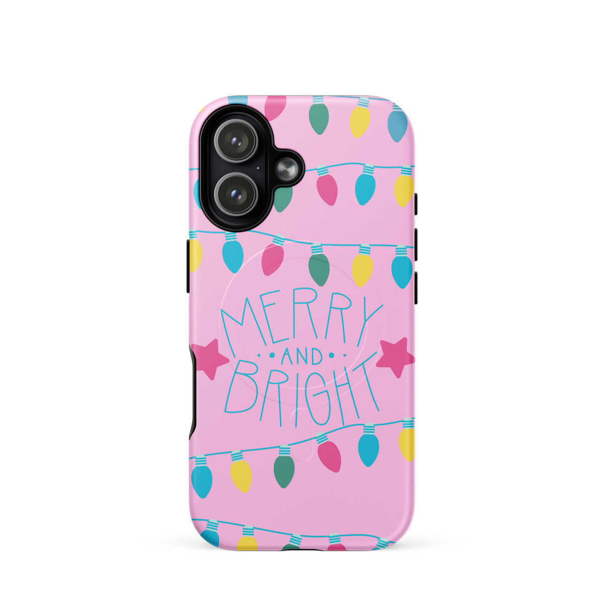 Magnetic Phone Case for iPhone with Merry and Bright design featuring colorful holiday lights and stars on a pink background.