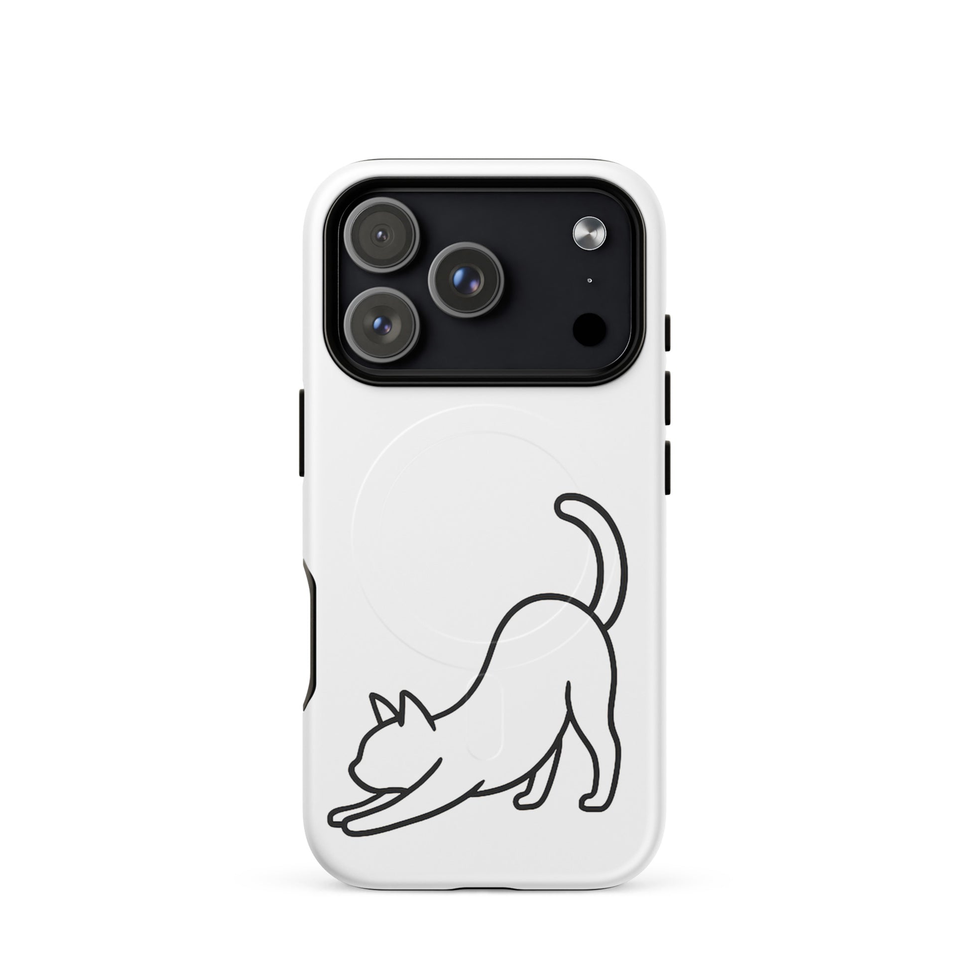 Magnetic Phone Case featuring a minimalist stretching cat design for iPhone, offering stylish protection.