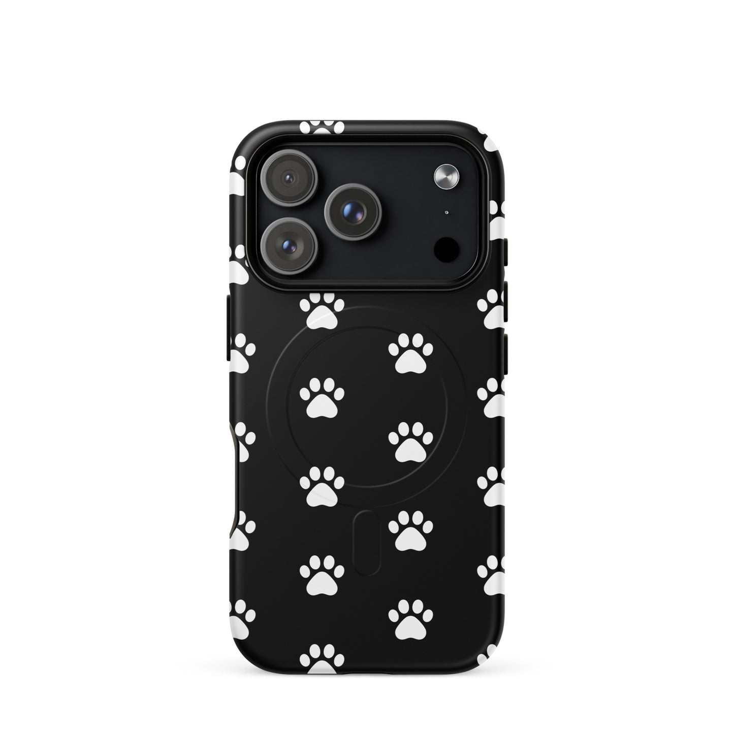 Magnetic Phone Case with paw print design for iPhone, featuring a stylish black background and minimalistic white paw patterns.