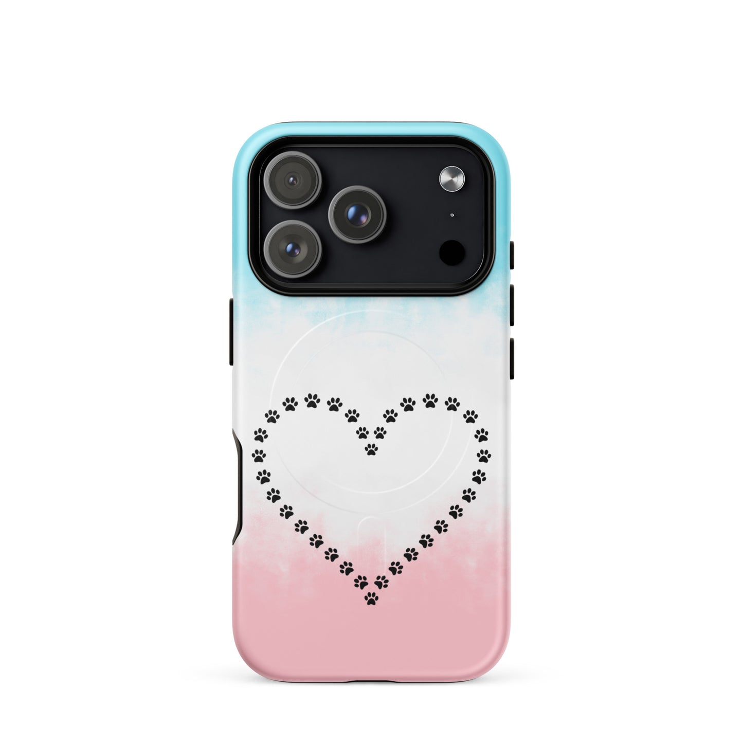 Magnetic Phone Case for iPhone: Paw Print Heart Design for Pet Lovers with colorful gradient background.