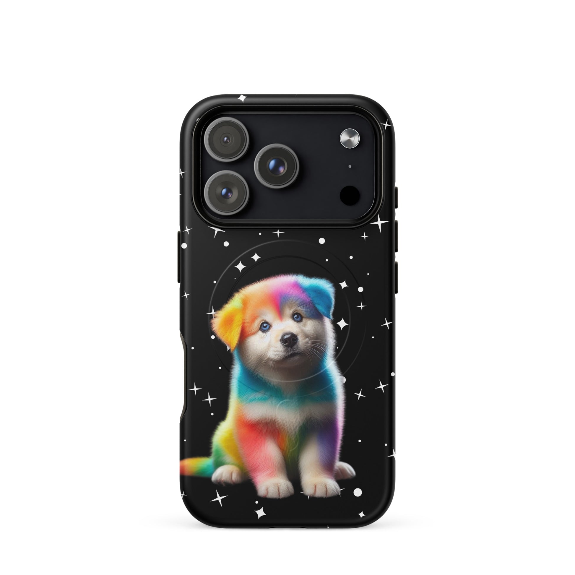 Magnetic Phone Case featuring a vibrant rainbow puppy design against a starry night sky, perfect for pet lovers.